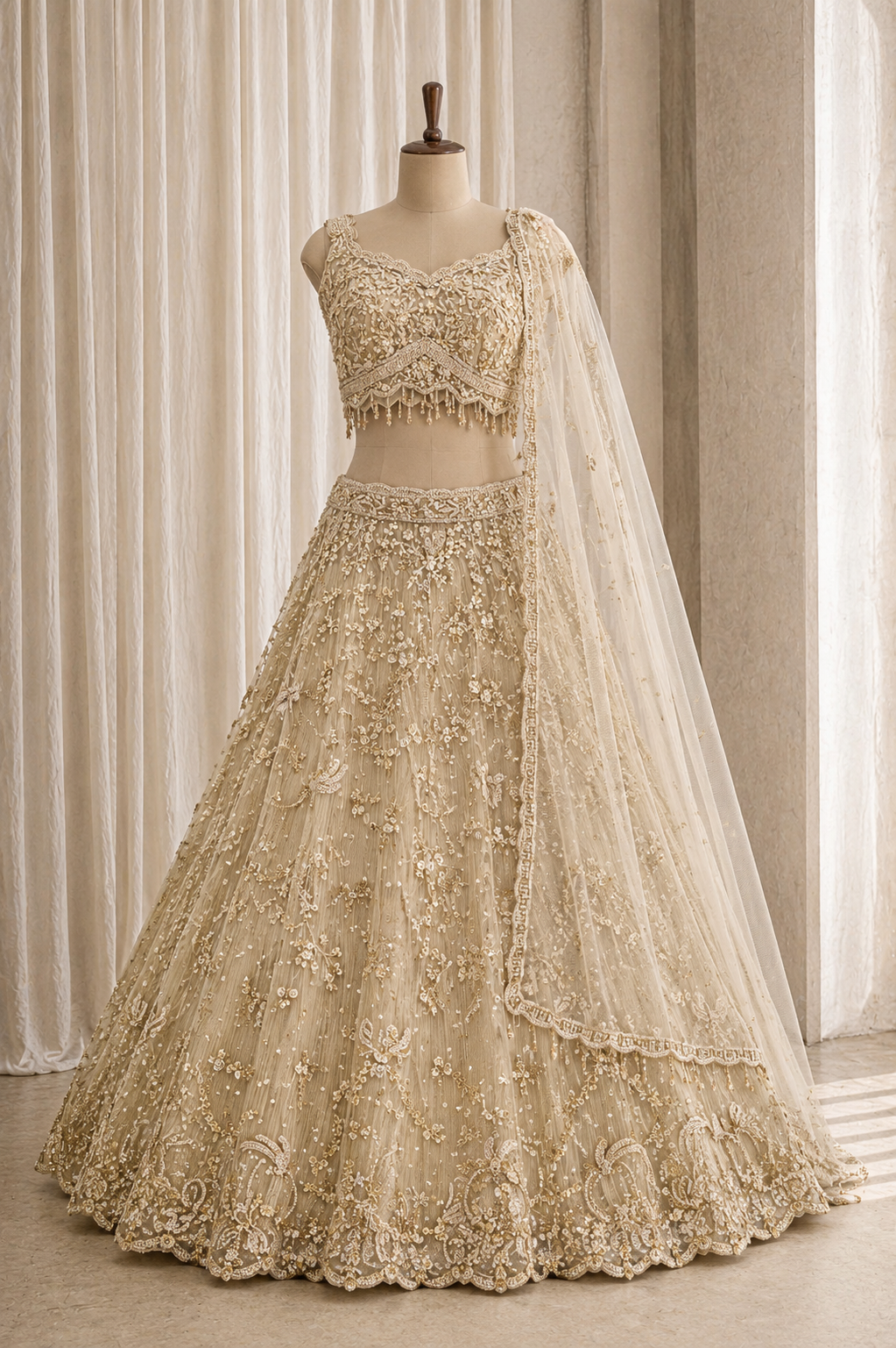 Excellent Soft Net Fabric and Beige Color Cutdana Work Lehenga Choli