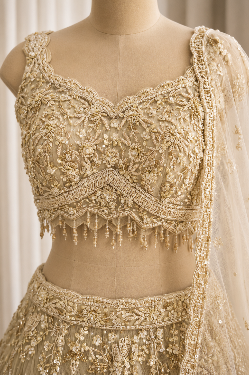 Excellent Soft Net Fabric and Beige Color Cutdana Work Lehenga Choli