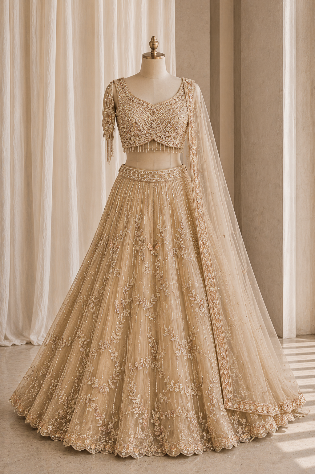 Superfine Soft Net Fabric and Beige Color Sequins Work Lehenga Choli
