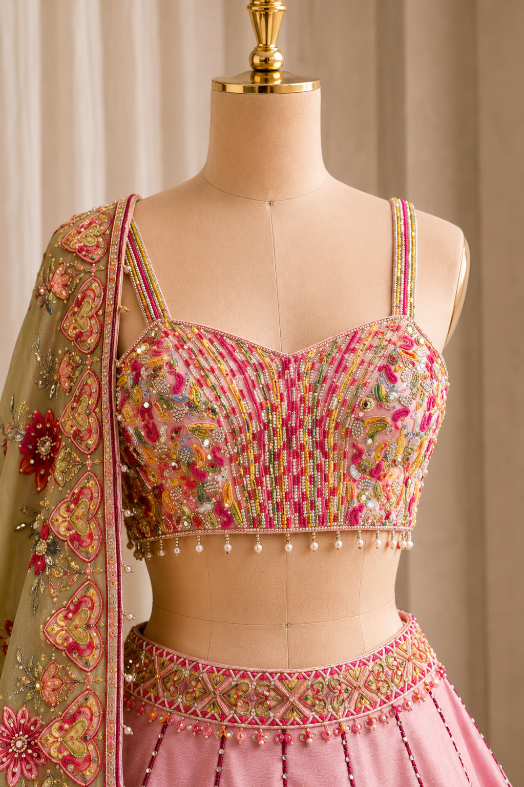 Standard Dupion Silk Fabric and Pink Color Mirror Work PDP Style Lehenga Choli