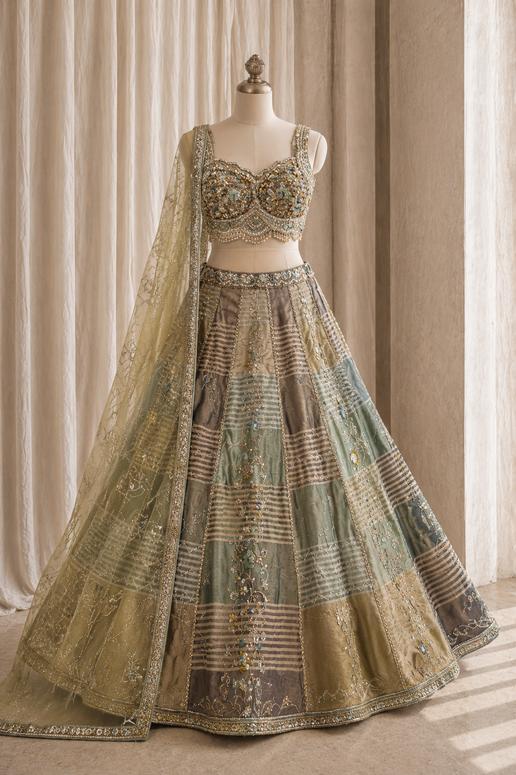 Classical Tissue Fabric and Green Color Swarovski Work Lehenga Choli