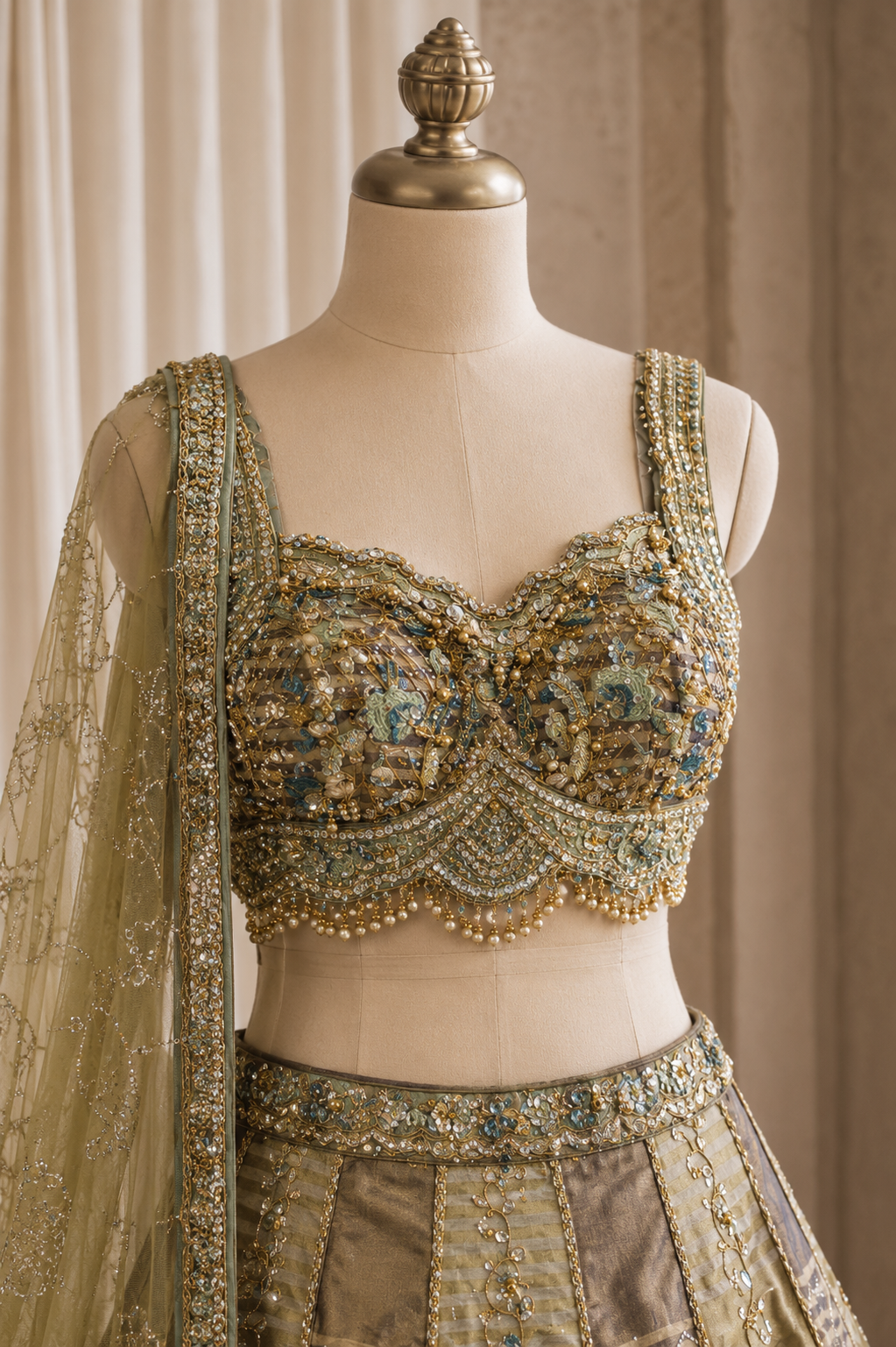 Classical Tissue Fabric and Green Color Swarovski Work Lehenga Choli