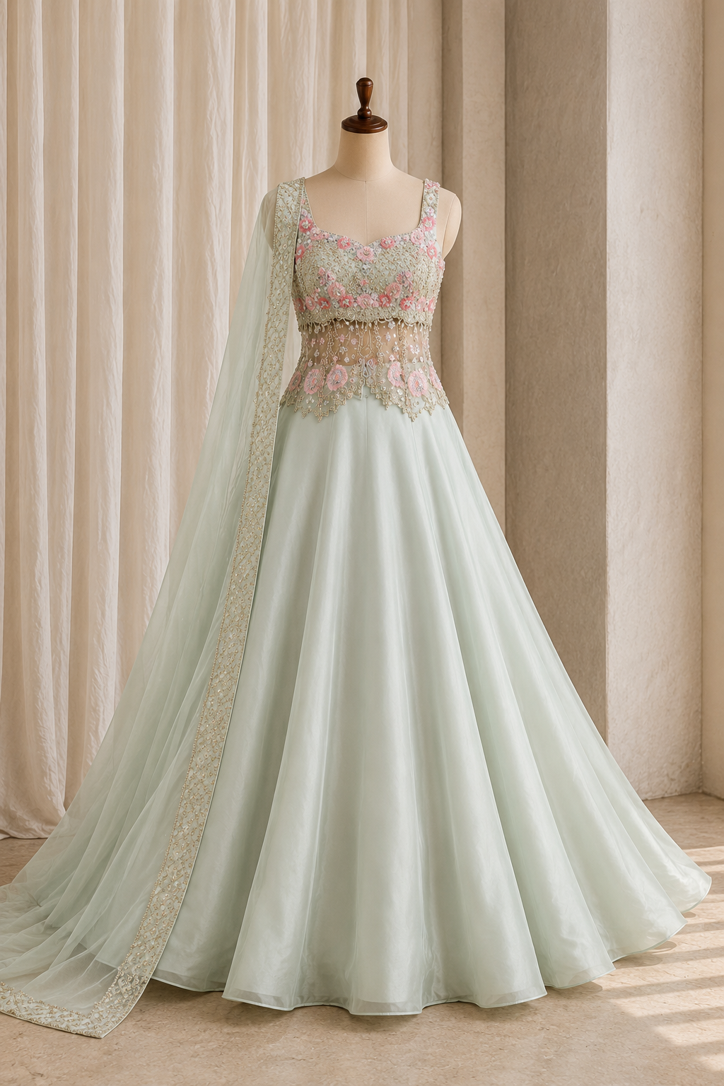 Divine Crepe Fabric and Sea Green Color Diamond Work Lehenga Choli