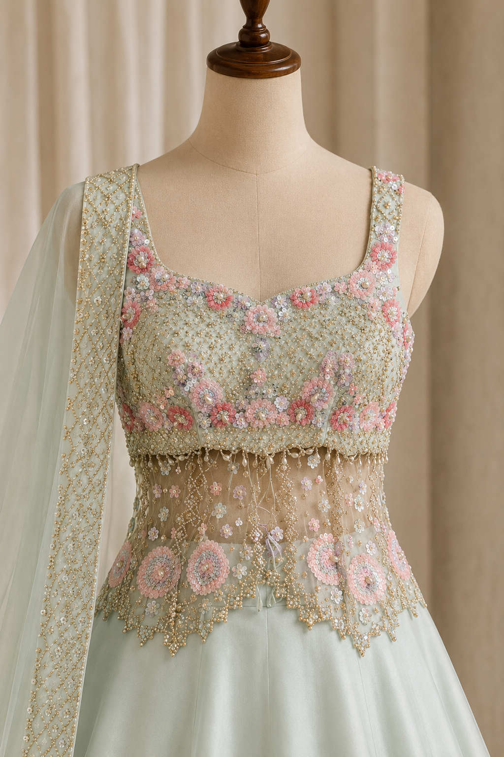 Divine Crepe Fabric and Sea Green Color Diamond Work Lehenga Choli