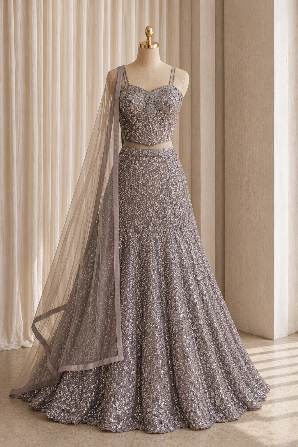 Heavenly Net Fabric and Grey Color Sequins Work Sami Fishcut Lehenga Choli