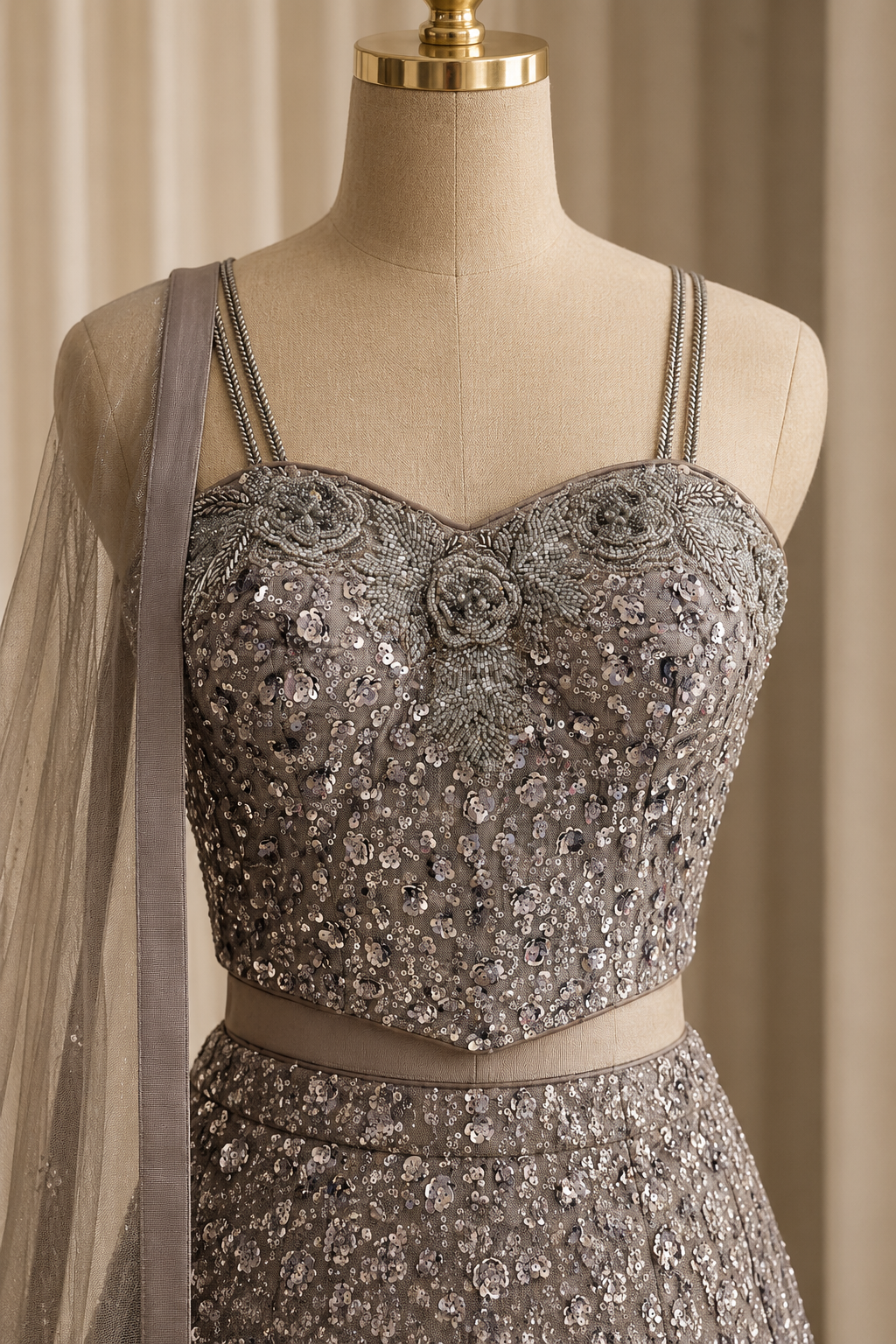 Heavenly Net Fabric and Grey Color Sequins Work Sami Fishcut Lehenga Choli