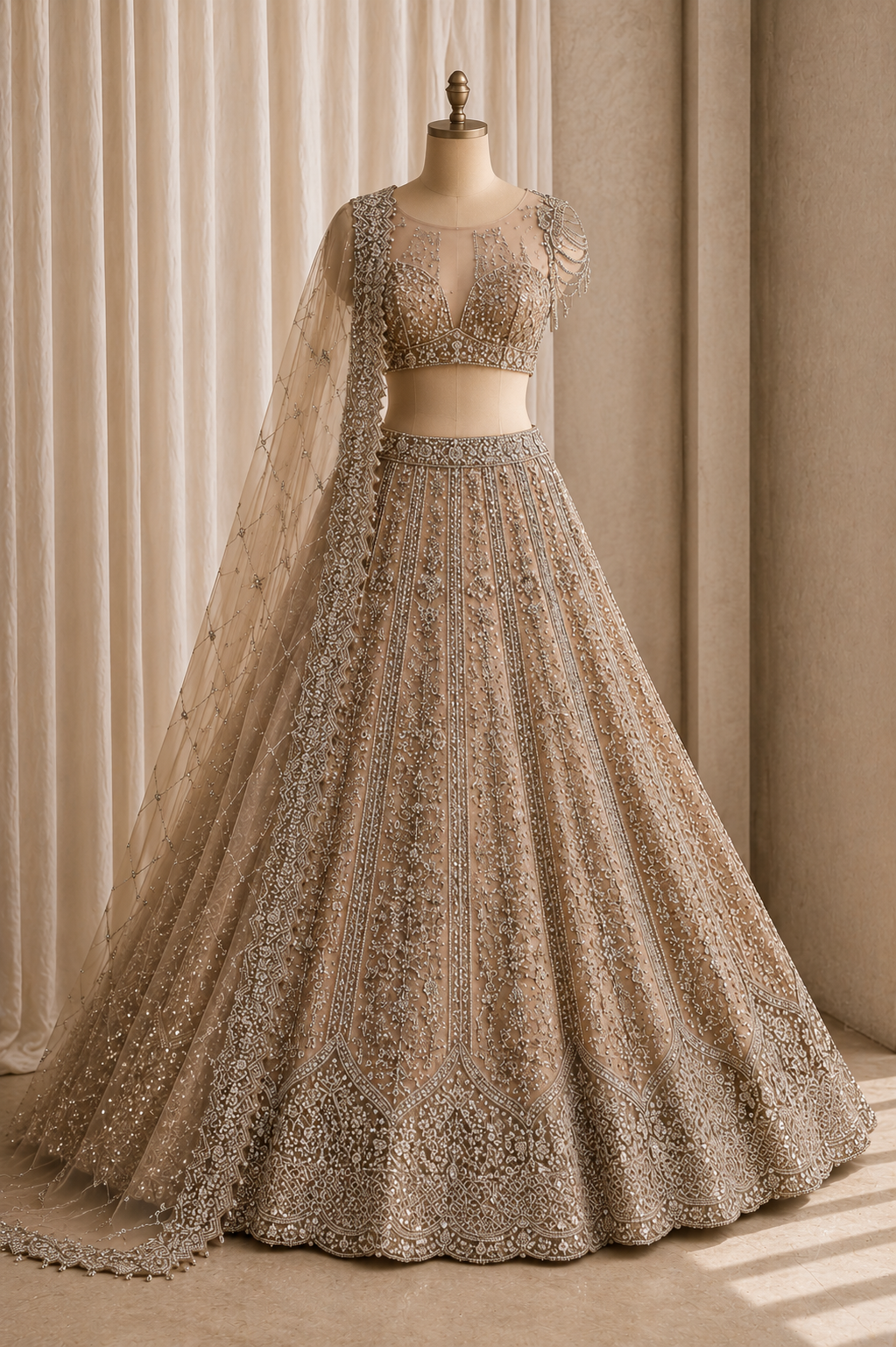 Marvelous Soft Net Fabric and Cupper Gold Sequins Work Lehenga Choli