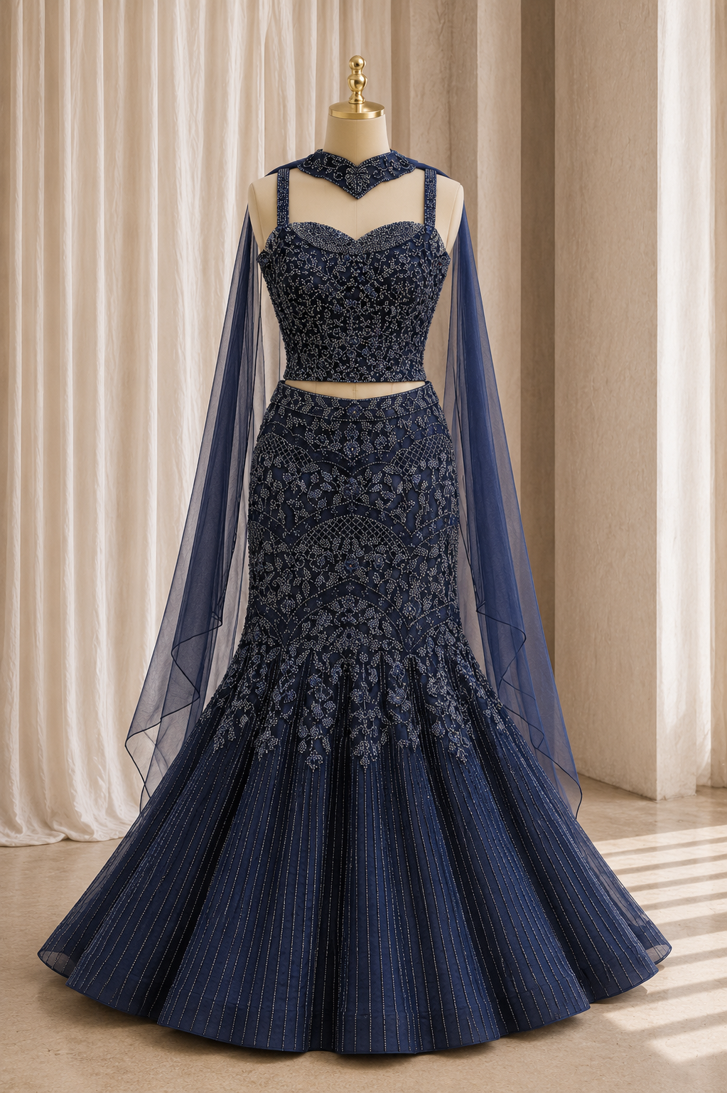 Superb Soft Net Fabric and Nay Blue Cut Dana Work Fishcut Lehenga Choli