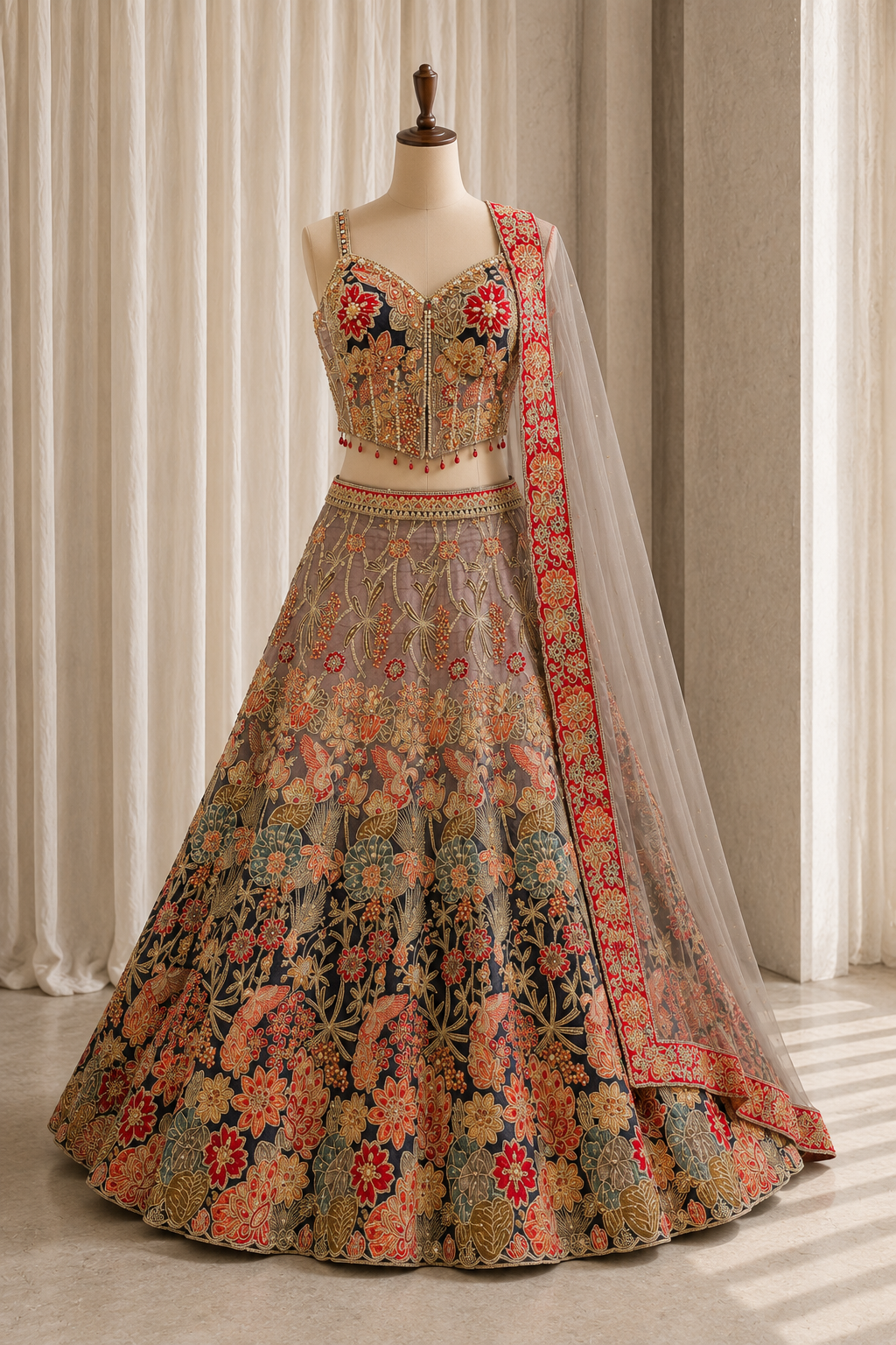 Terrific Dupion Silk Fabric and Black N Bronze Color Kasab Work Lehenga Choli