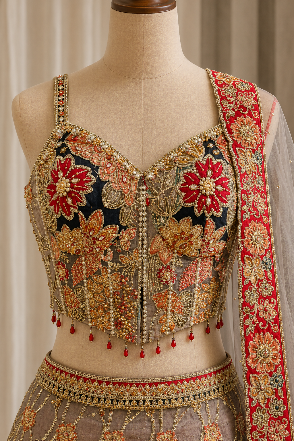 Terrific Dupion Silk Fabric and Black N Bronze Color Kasab Work Lehenga Choli