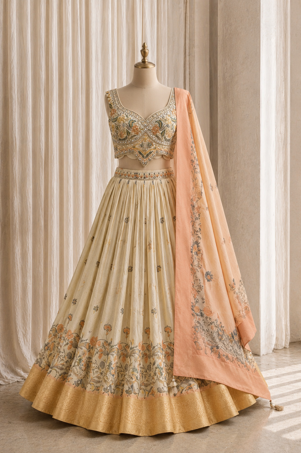 Great Banarasi Fabric and Beige Color Diamond Work Lehenga Choli