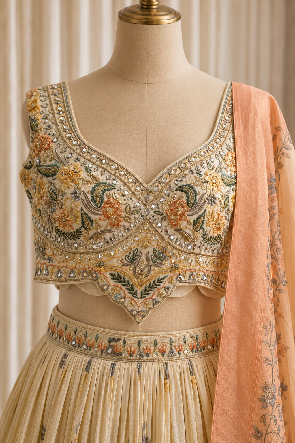 Great Banarasi Fabric and Beige Color Diamond Work Lehenga Choli