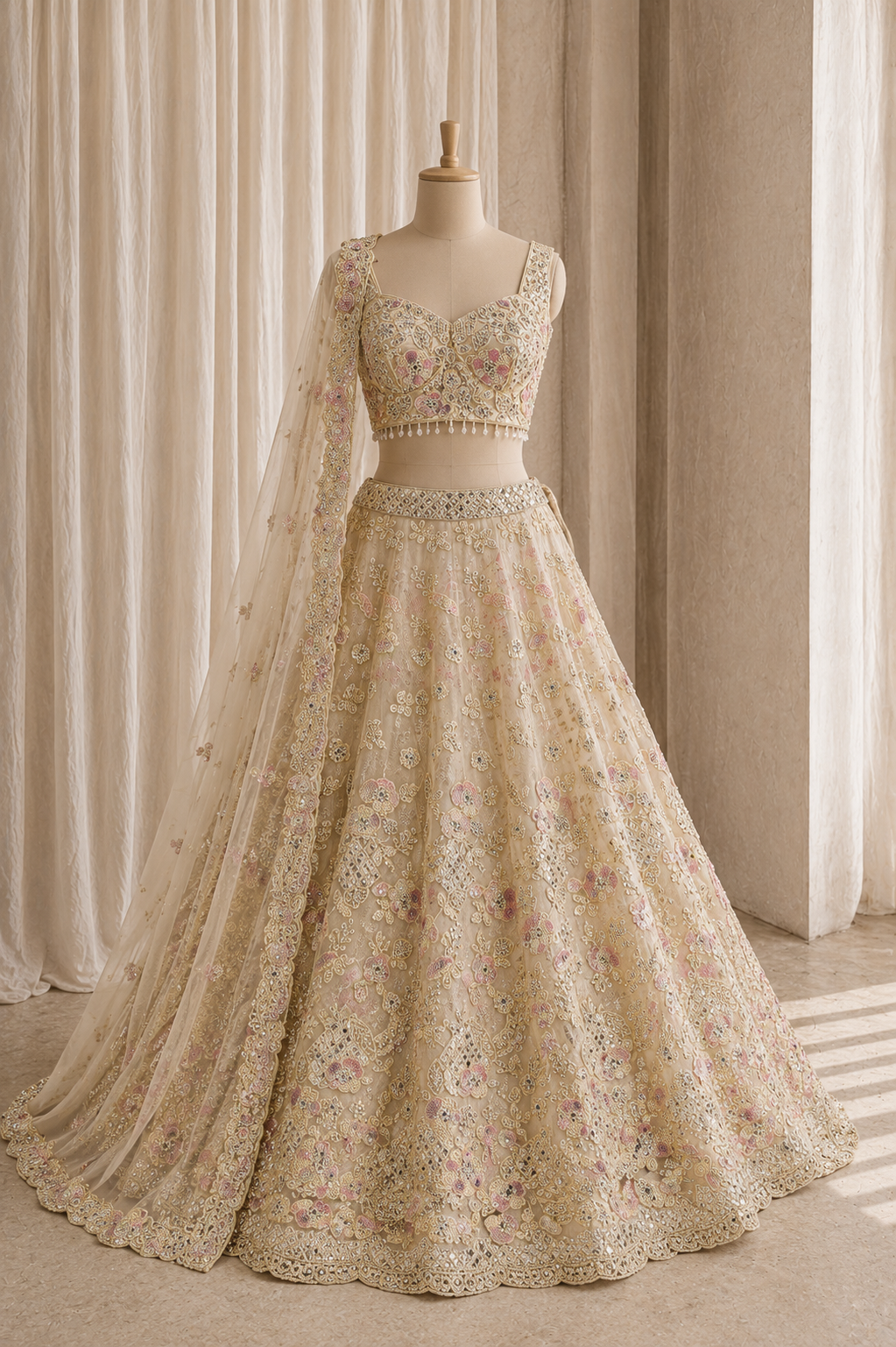 Awesome Soft Net Fabric and Beige Color Diamond Work Lehenga Choli