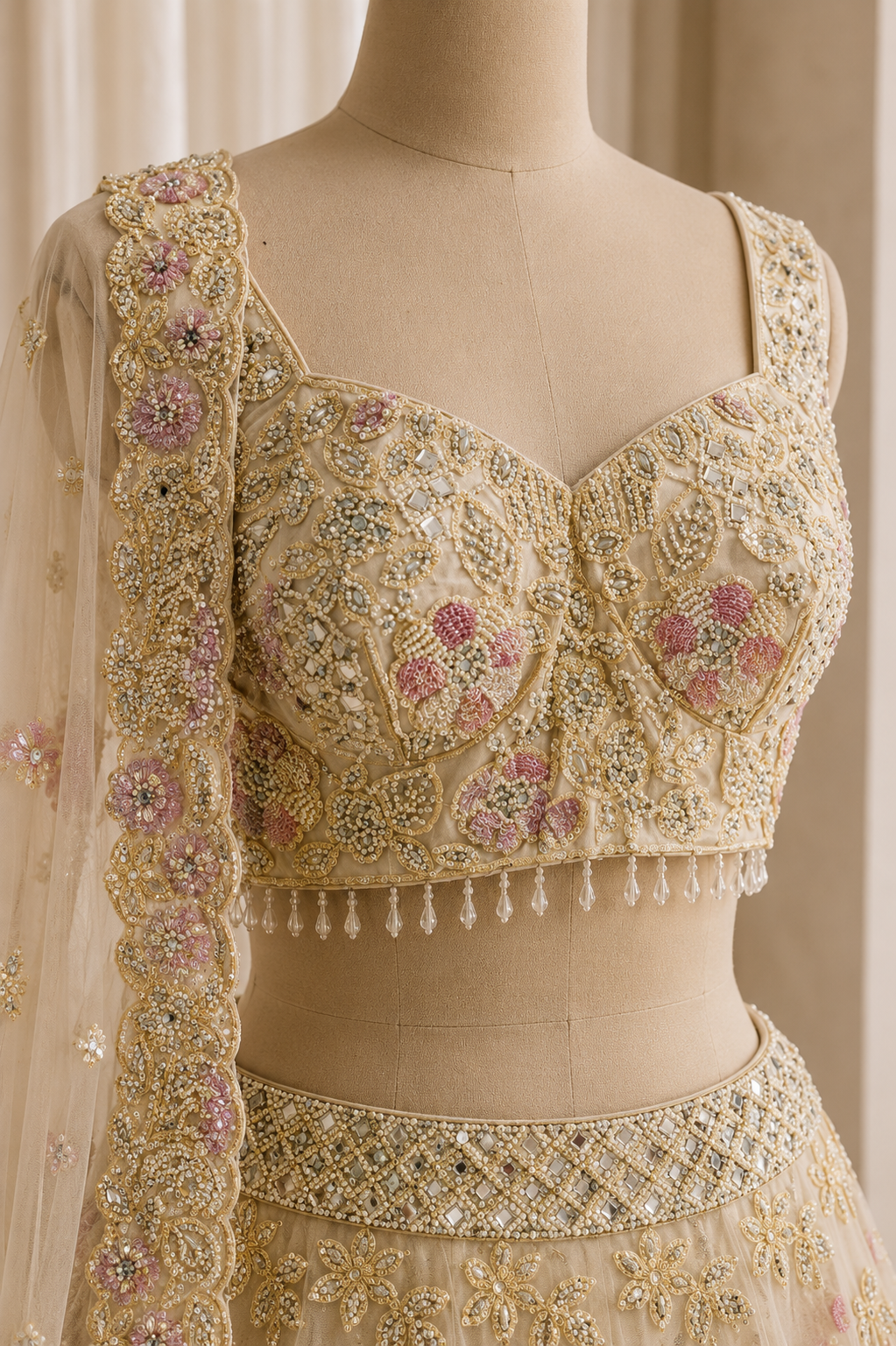 Awesome Soft Net Fabric and Beige Color Diamond Work Lehenga Choli