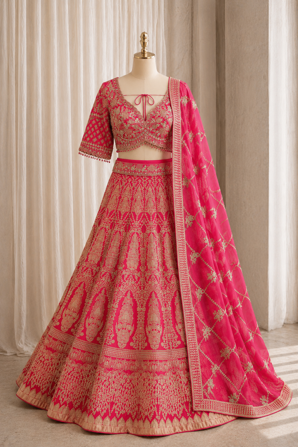 Lovely Banarasi Silk Fabric and Rani Color Weaving Work Lehenga Choli