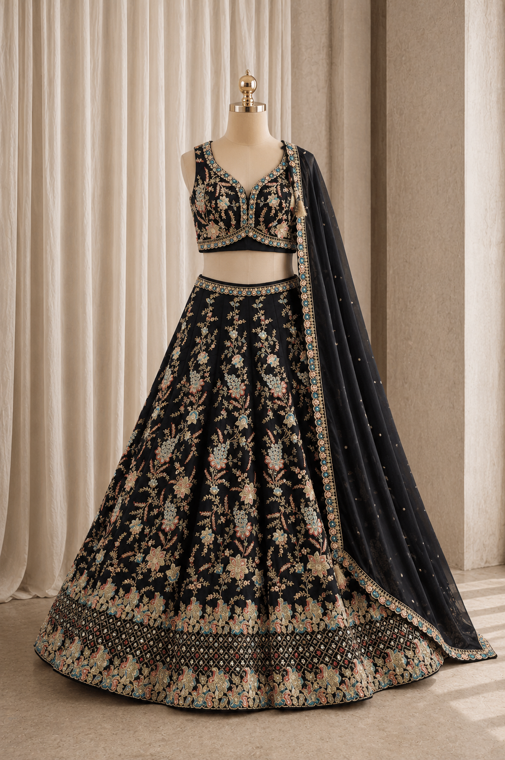 Wonderful Georgette Fabric and Black Color Thread Work Lehenga Choli