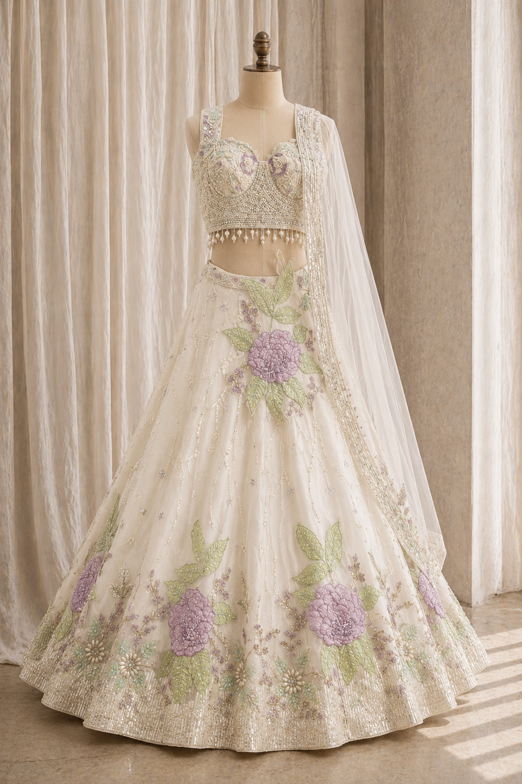 Glossy Net Fabric and Ivory Color Applique Work Lehenga Choli