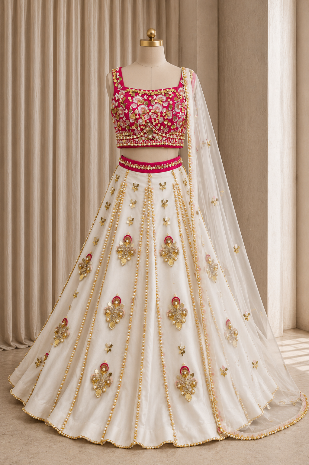 Glamorous Net Fabric and Rani Color PDP Work Lehenga Choli