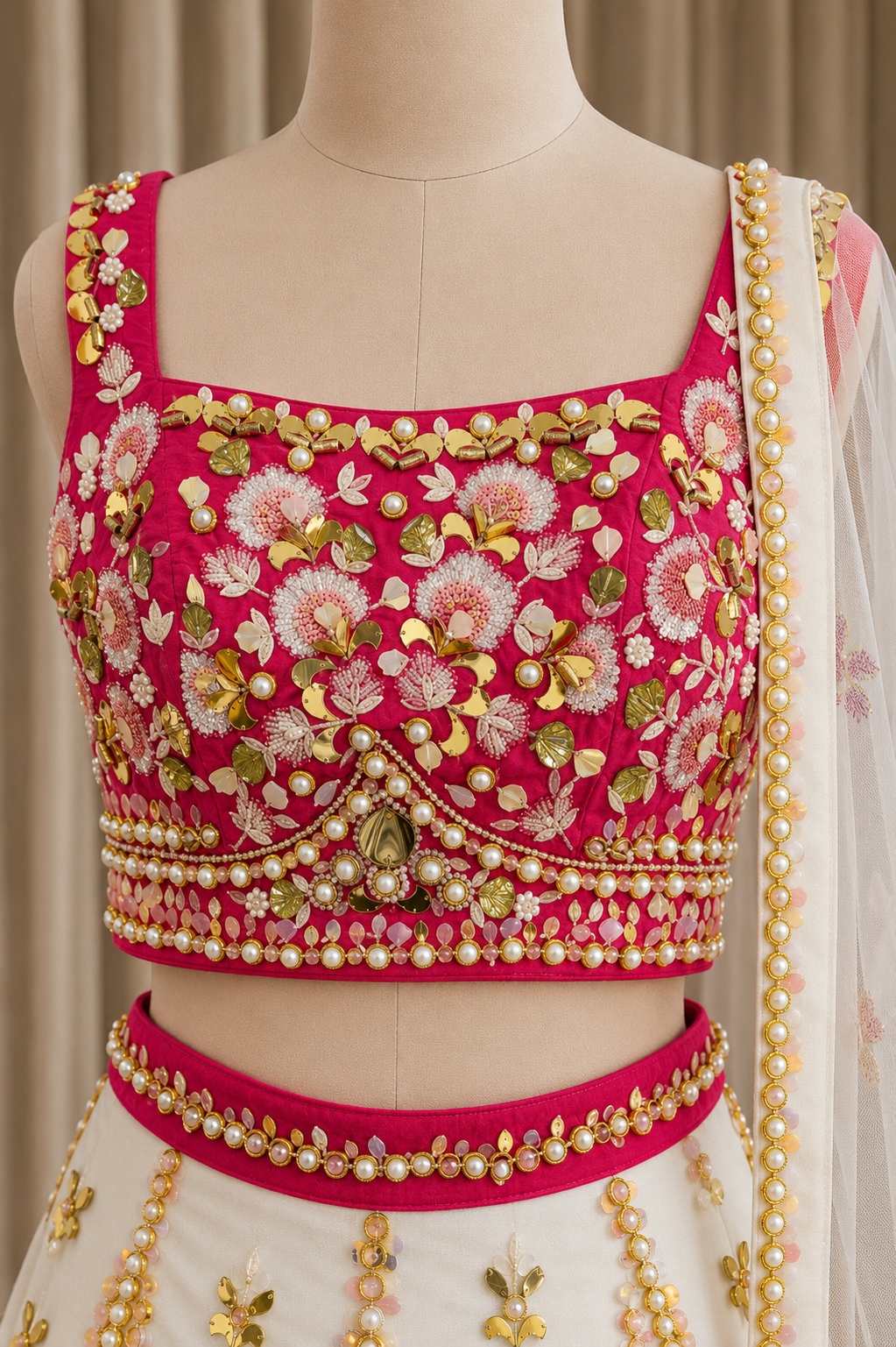 Glamorous Net Fabric and Rani Color PDP Work Lehenga Choli