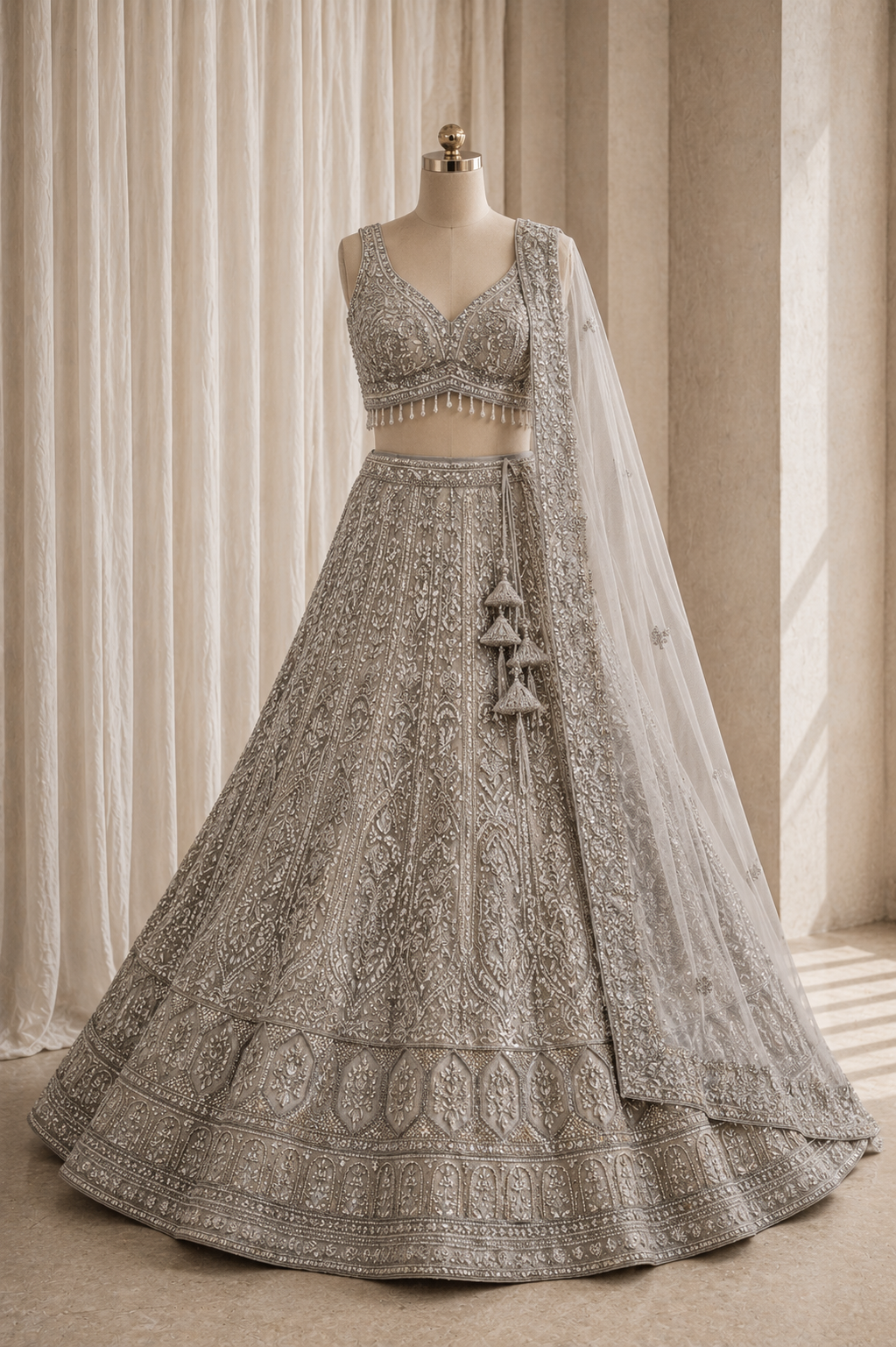 Likely Net Fabric and Grey Color Diamond Work Lehenga Choli