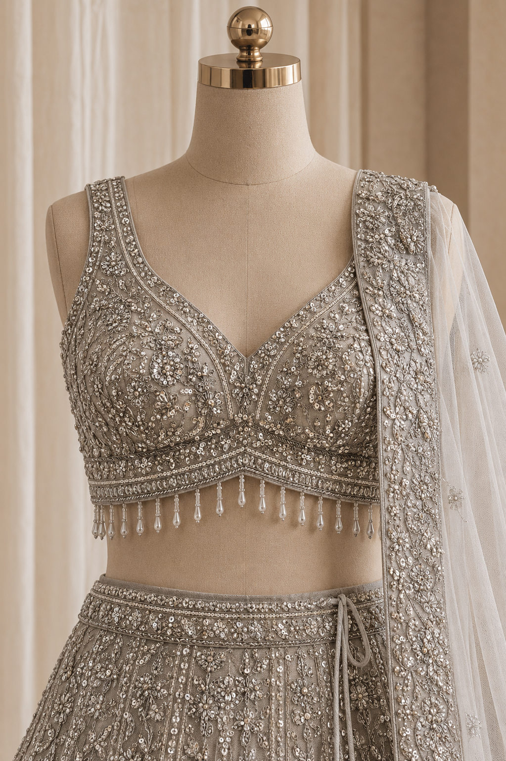 Likely Net Fabric and Grey Color Diamond Work Lehenga Choli