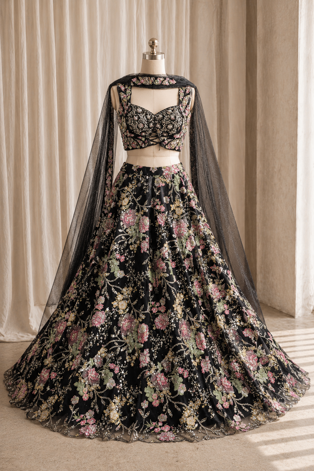 Magnificent Net Fabric and Black Color Digital Print Work Lehenga Choli