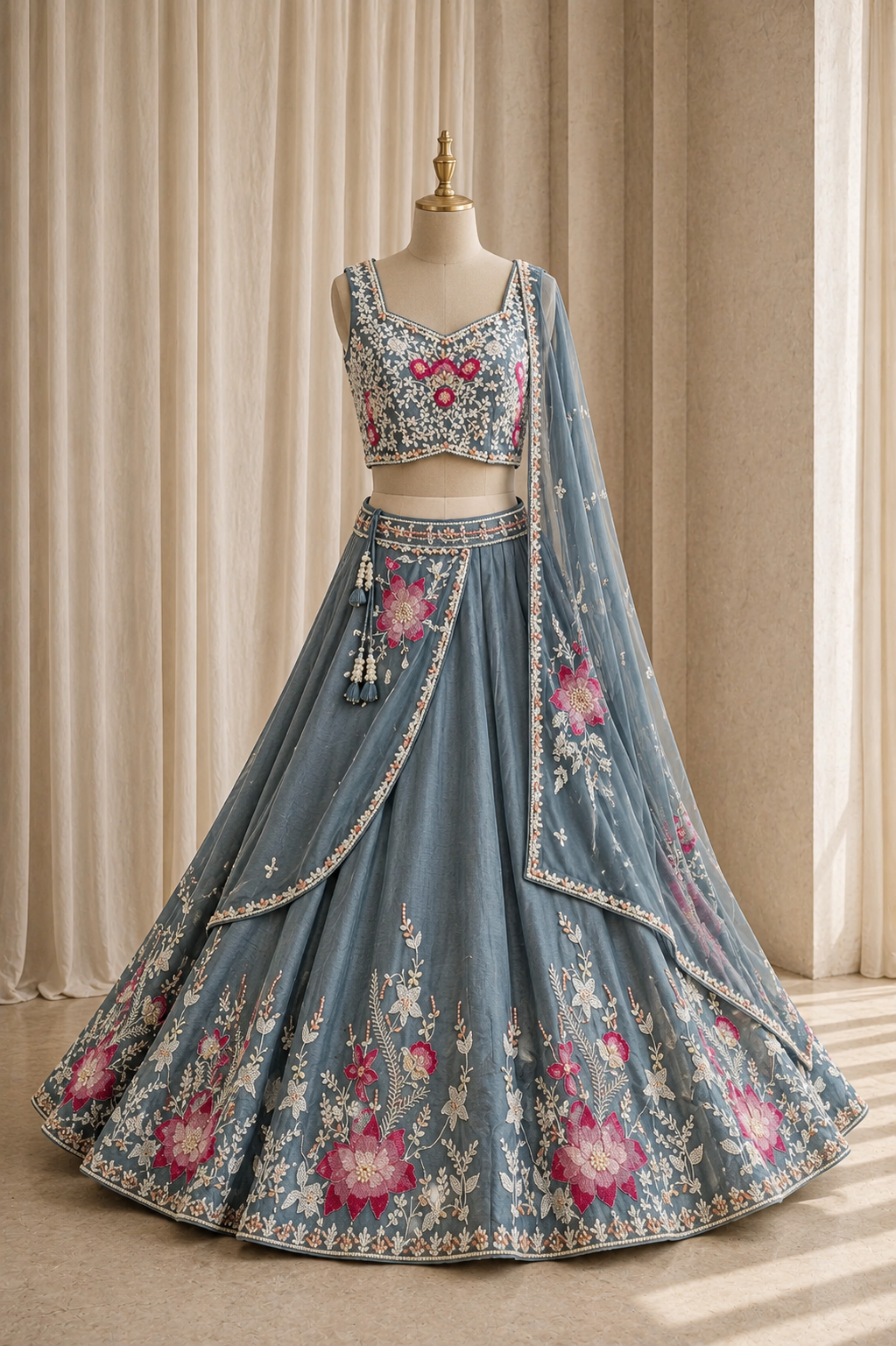 Charming Dupion Silk Fabric and Grey Color PDP Work Lehenga Choli