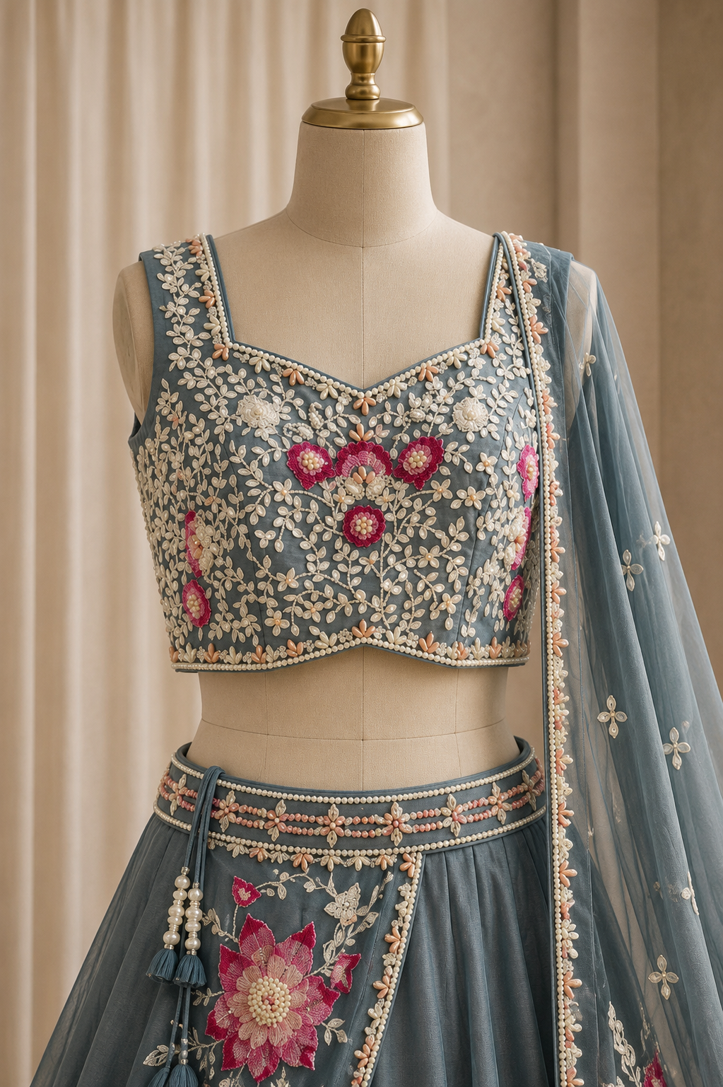 Charming Dupion Silk Fabric and Grey Color PDP Work Lehenga Choli