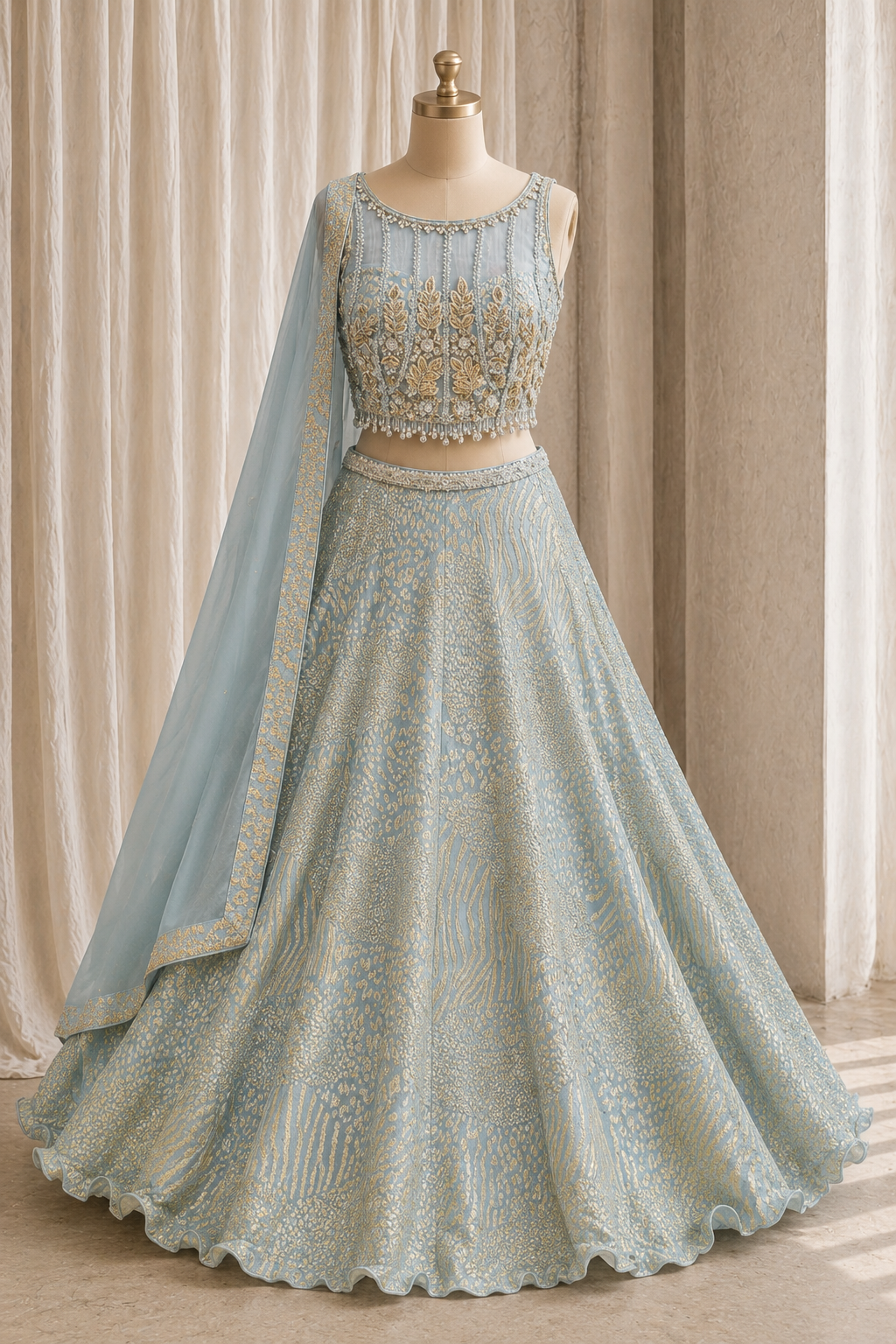 Fine Lycra Fabric and Grey Blue Color Diamond Work Lehenga Choli
