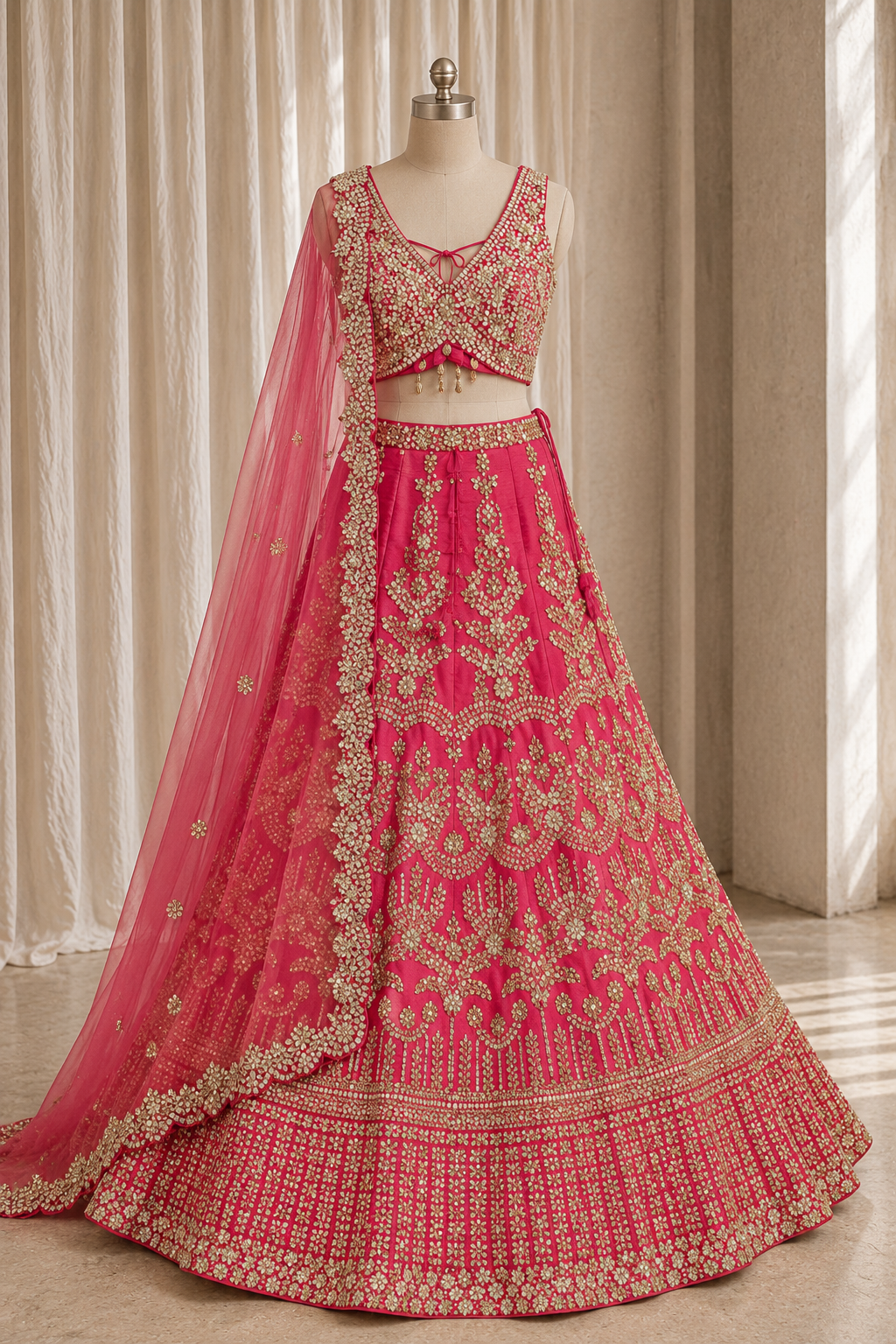 Prime Dupion Silk Fabric and Fuchsia Color Mirror Work Lehenga Choli