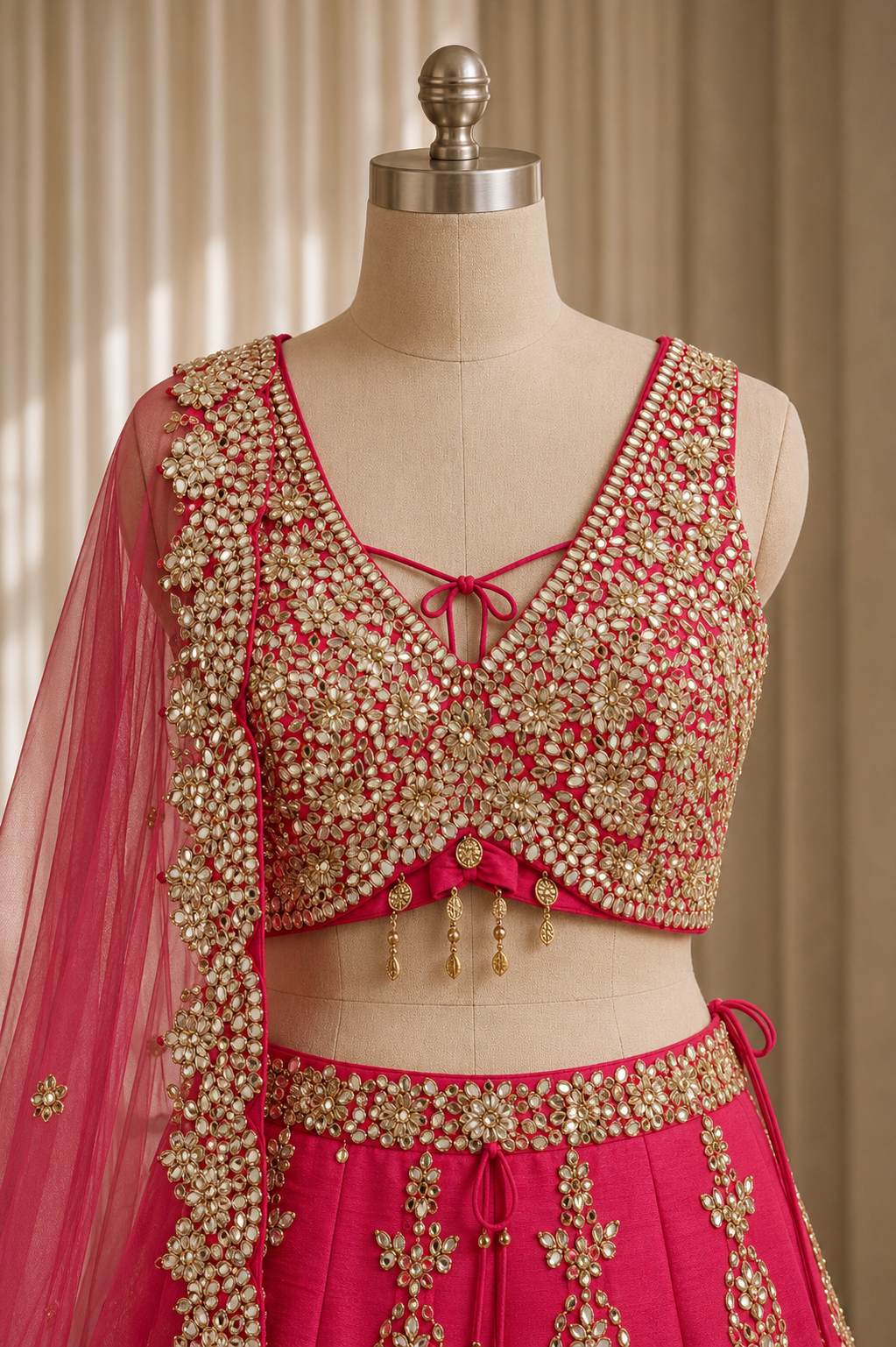 Prime Dupion Silk Fabric and Fuchsia Color Mirror Work Lehenga Choli