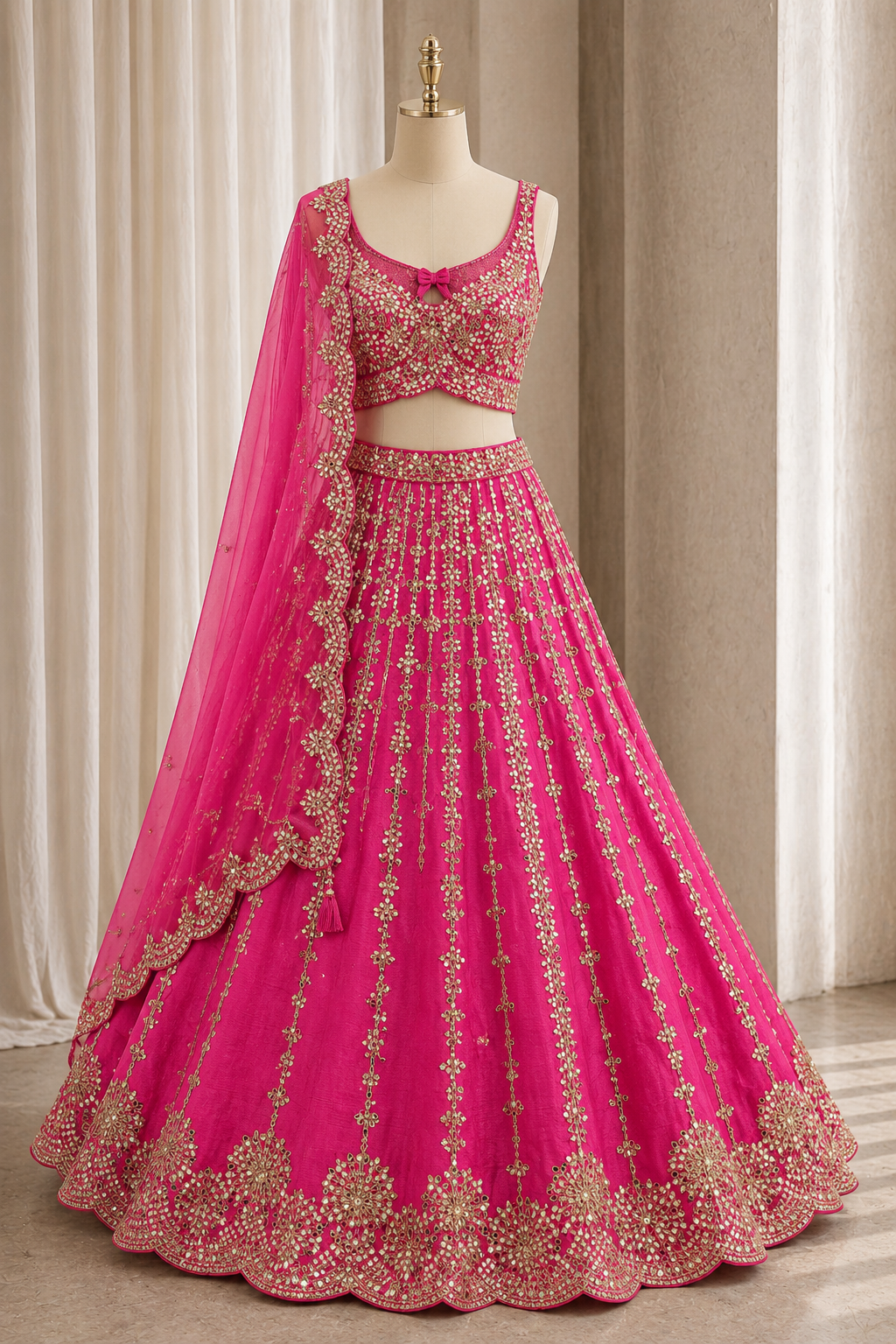 Marvelous Dupion Silk Fabric and Fuchsia Color Mirror Work Lehenga Choli