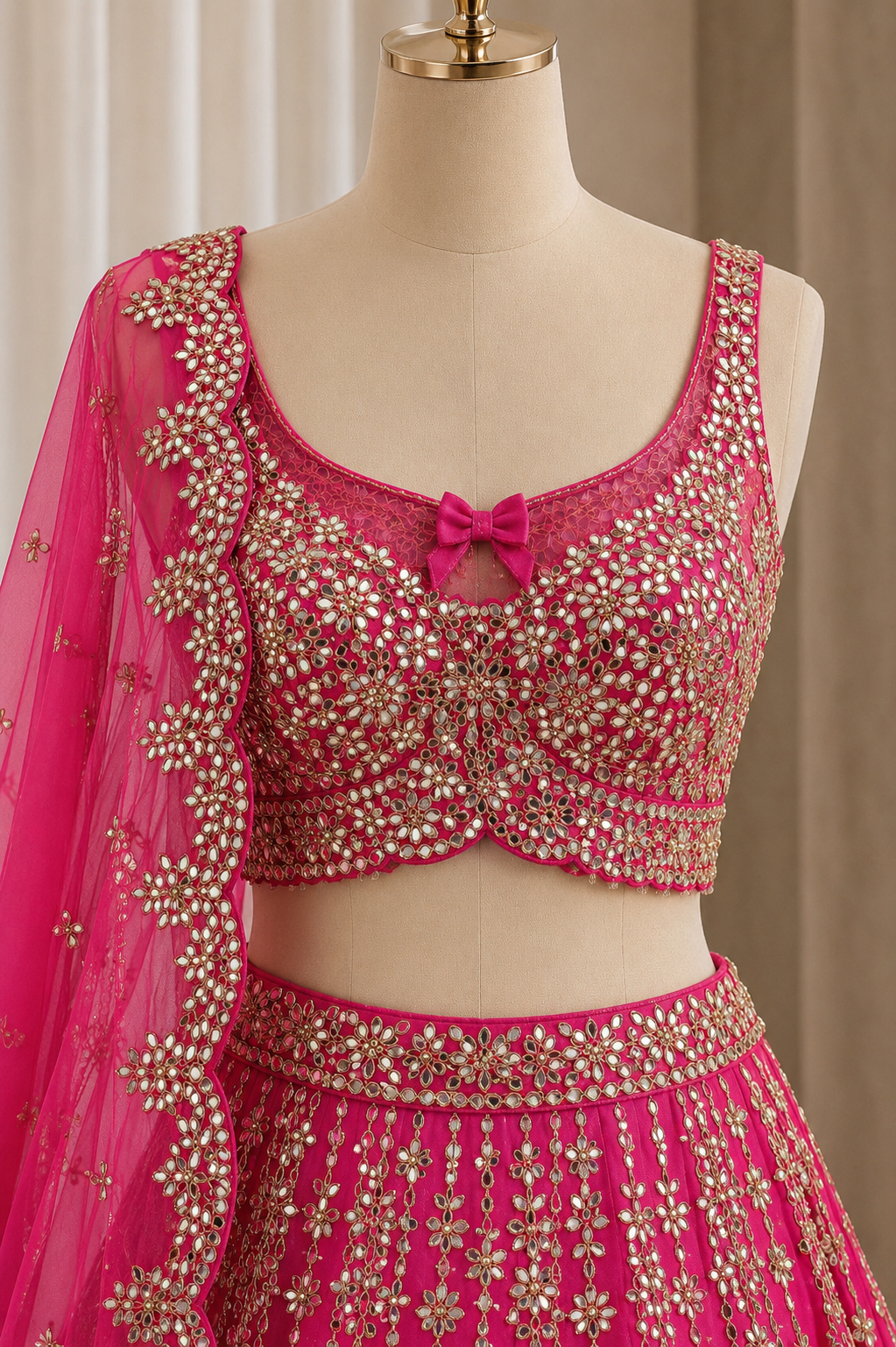 Marvelous Dupion Silk Fabric and Fuchsia Color Mirror Work Lehenga Choli