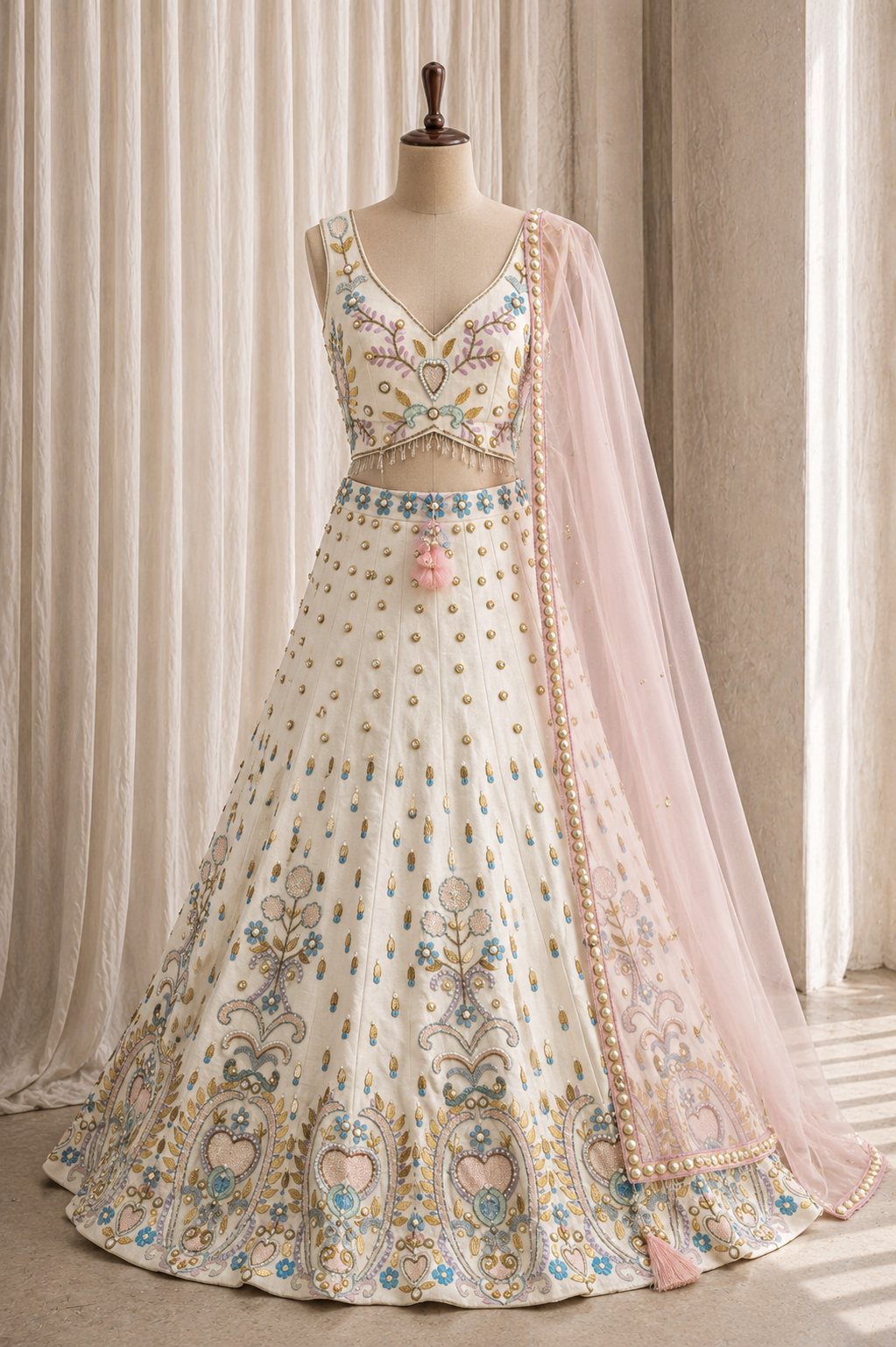 Superb Dupion Silk Fabric and White Color PDP Work Lehenga Choli