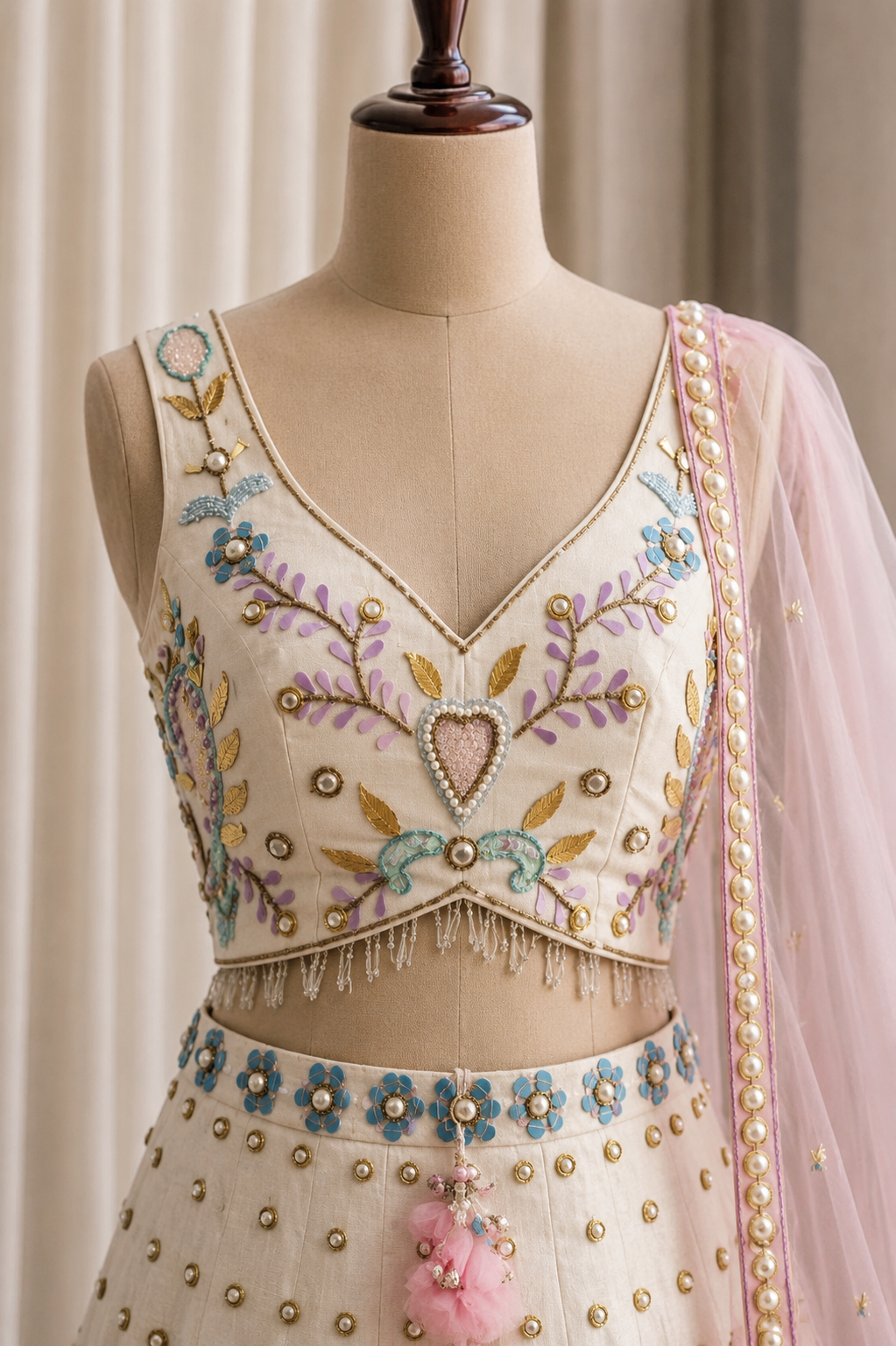 Superb Dupion Silk Fabric and White Color PDP Work Lehenga Choli