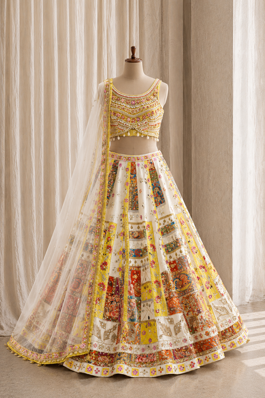 Fantastic Dupion Silk Fabric and Yellow White Color Mirror Work Lehenga Choli