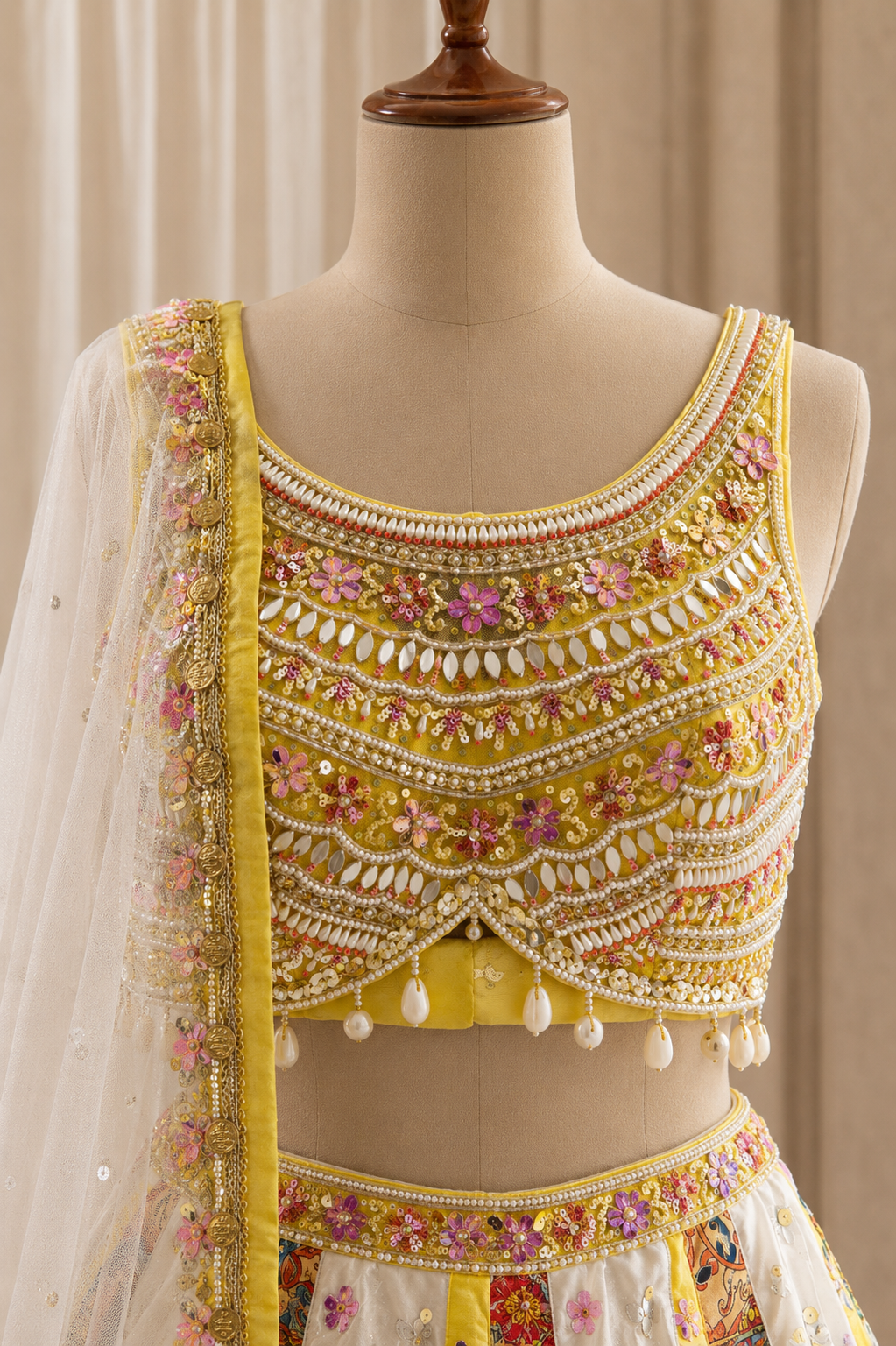 Fantastic Dupion Silk Fabric and Yellow White Color Mirror Work Lehenga Choli
