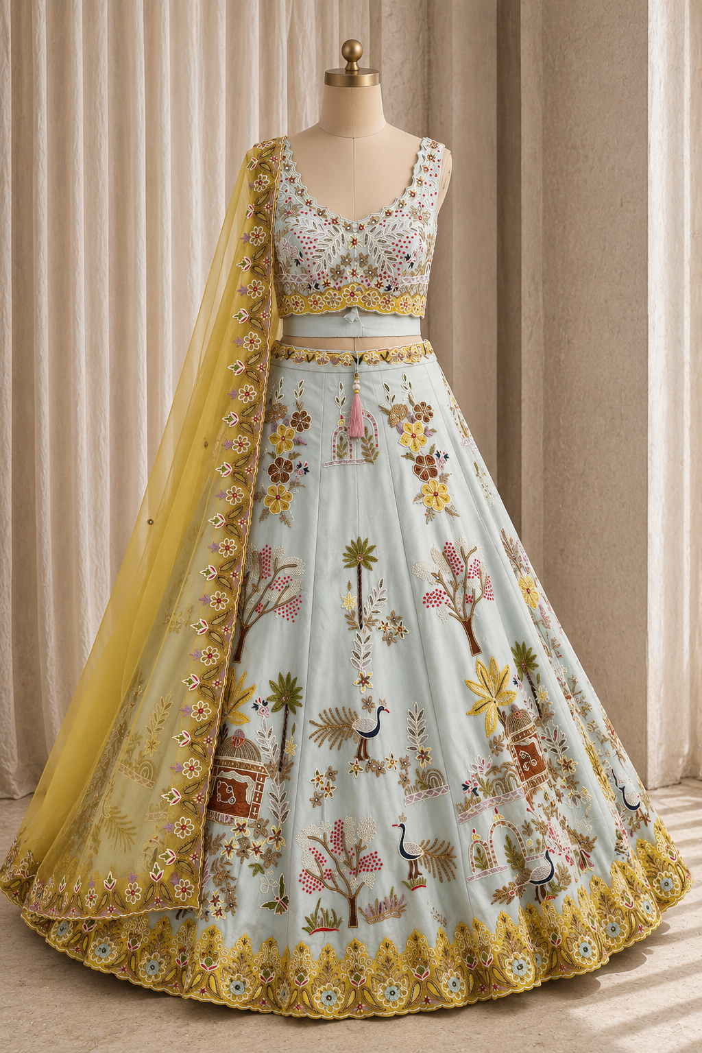 Terrific Dupion Silk Fabric and Pastel Green Yellow Color Thread Work Lehenga Choli