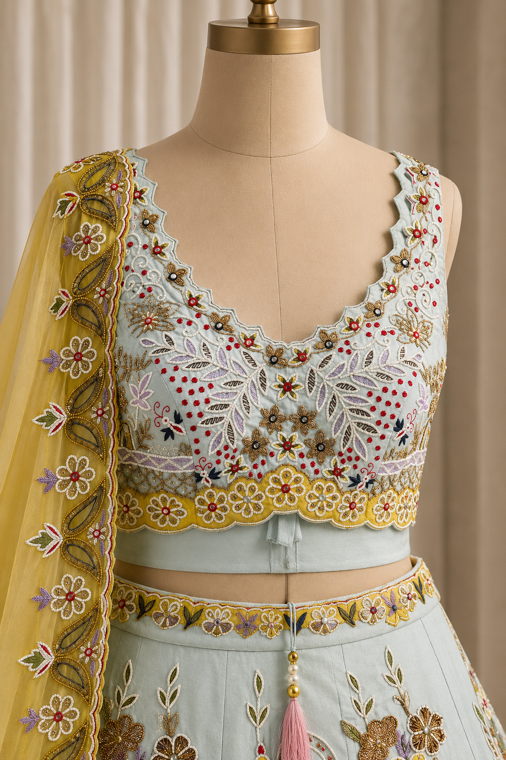 Terrific Dupion Silk Fabric and Pastel Green Yellow Color Thread Work Lehenga Choli