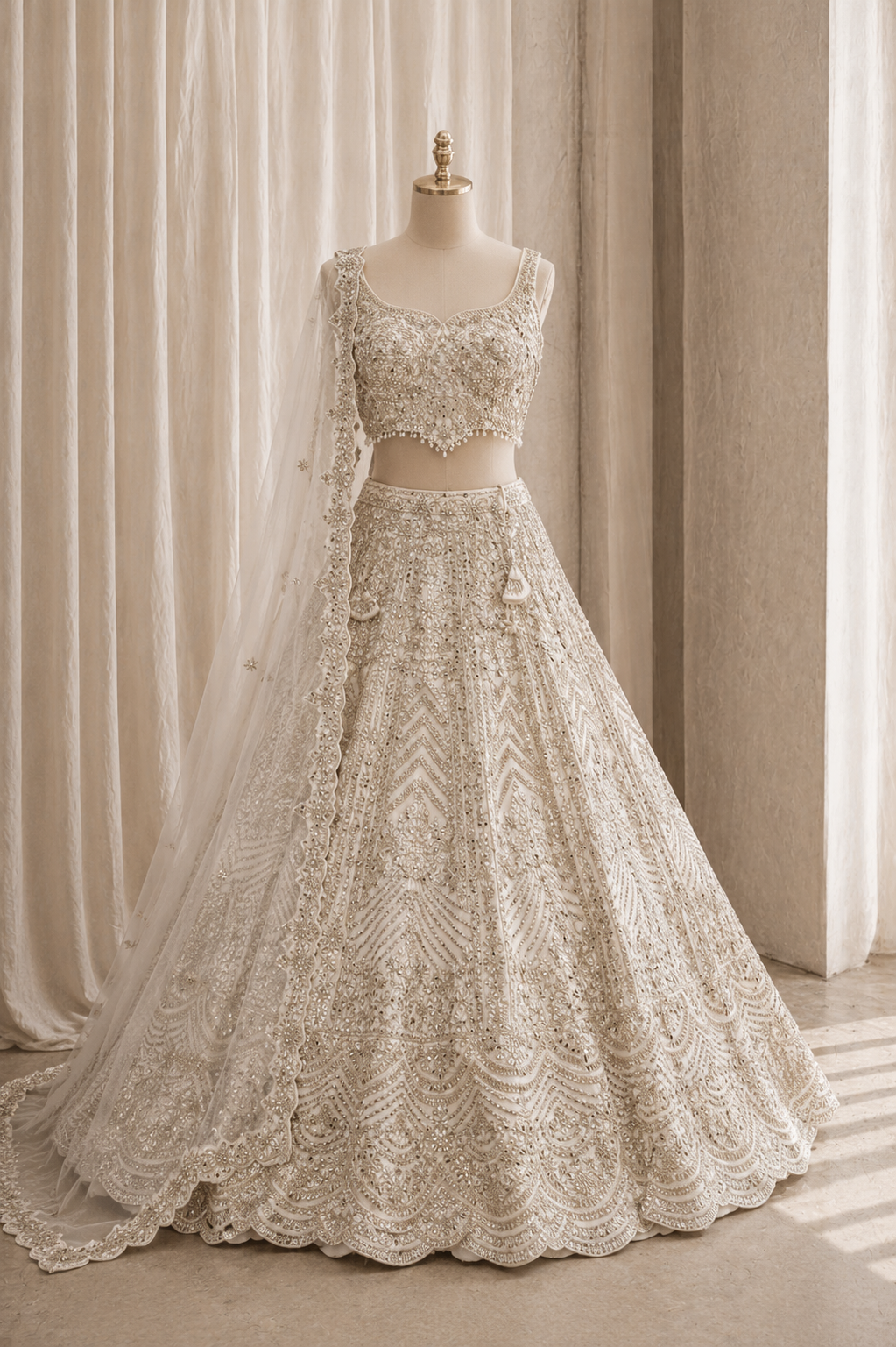 Stunning Dupion Silk Fabric and Off White Color Mirror Work Lehenga Choli