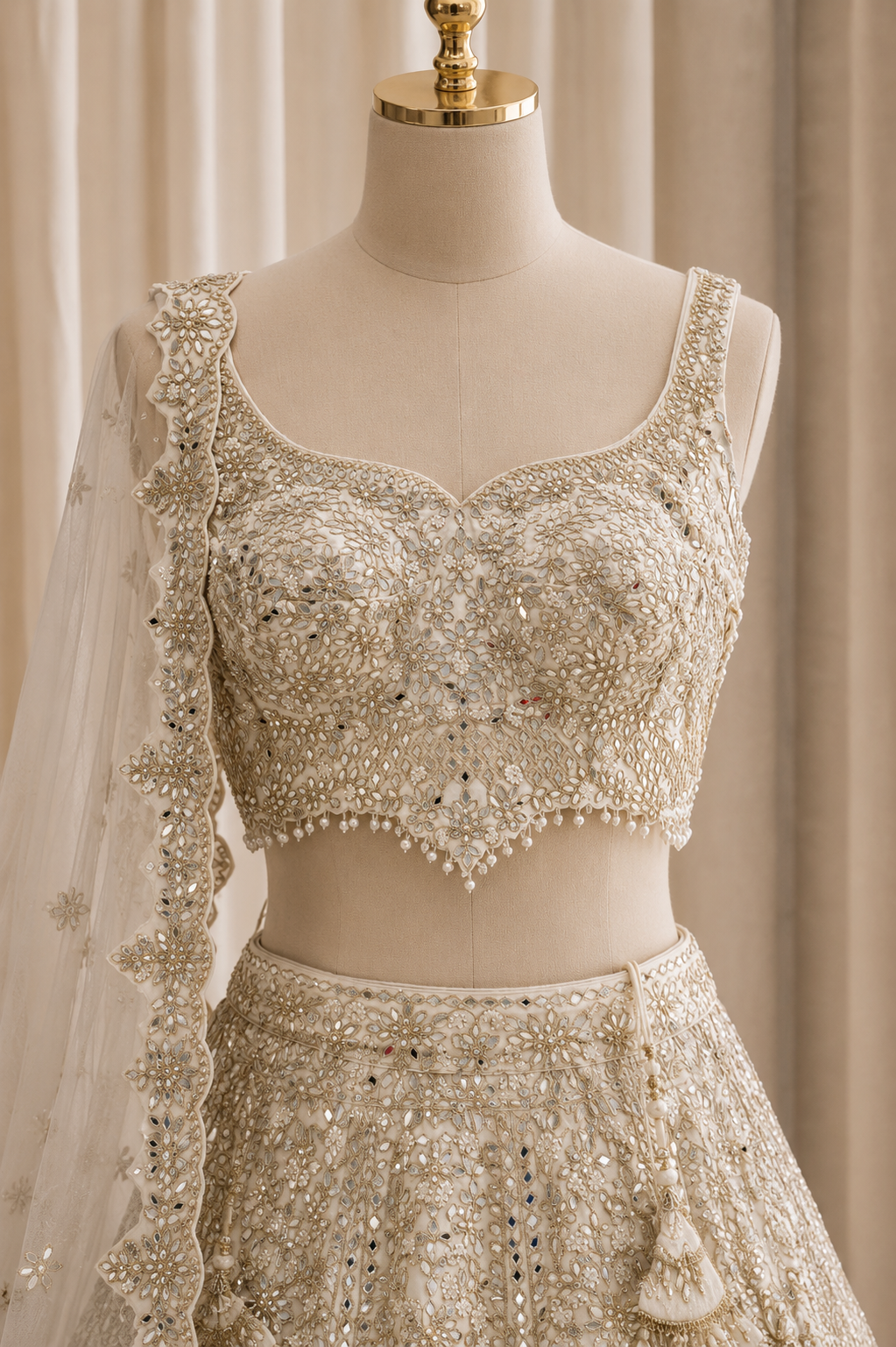Stunning Dupion Silk Fabric and Off White Color Mirror Work Lehenga Choli