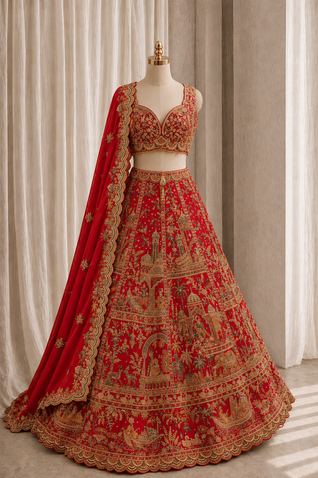 Pretty Dupion Silk Fabric and Red Color Thread Work Lehenga Choli