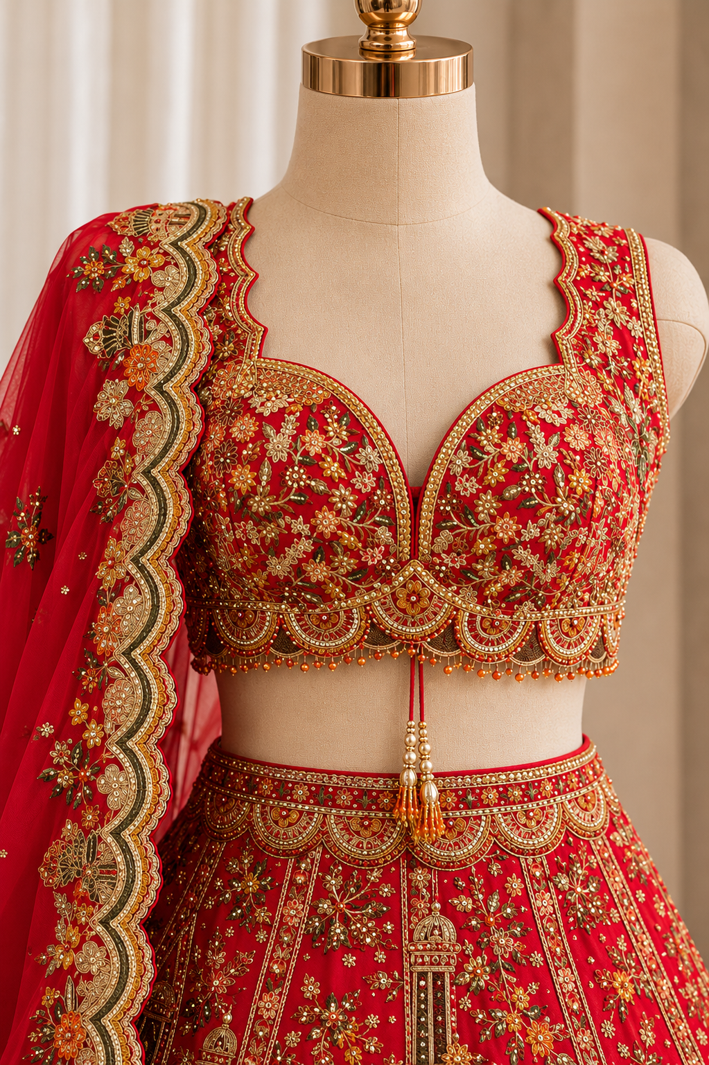Pretty Dupion Silk Fabric and Red Color Thread Work Lehenga Choli