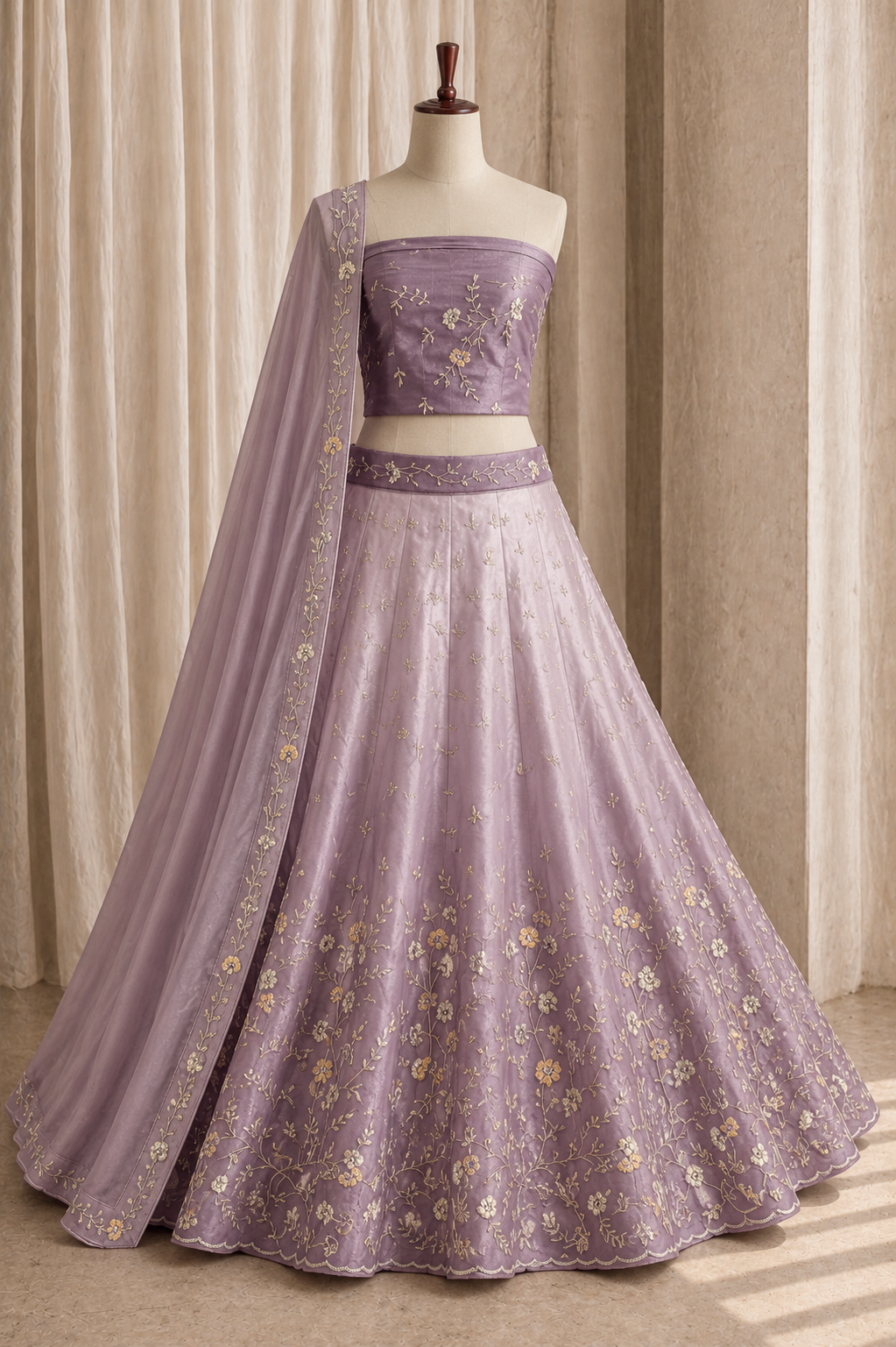 Exceptional Tissue Silk Fabric and Lavender Color Zari Work Lehenga Choli