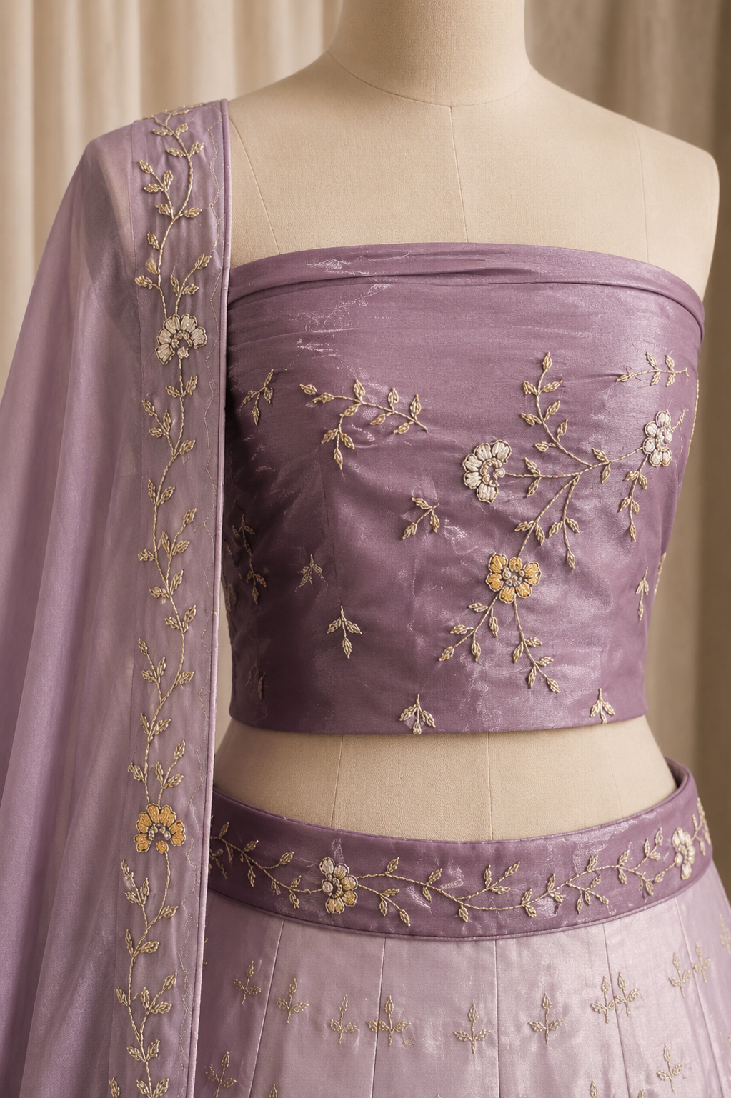 Exceptional Tissue Silk Fabric and Lavender Color Zari Work Lehenga Choli