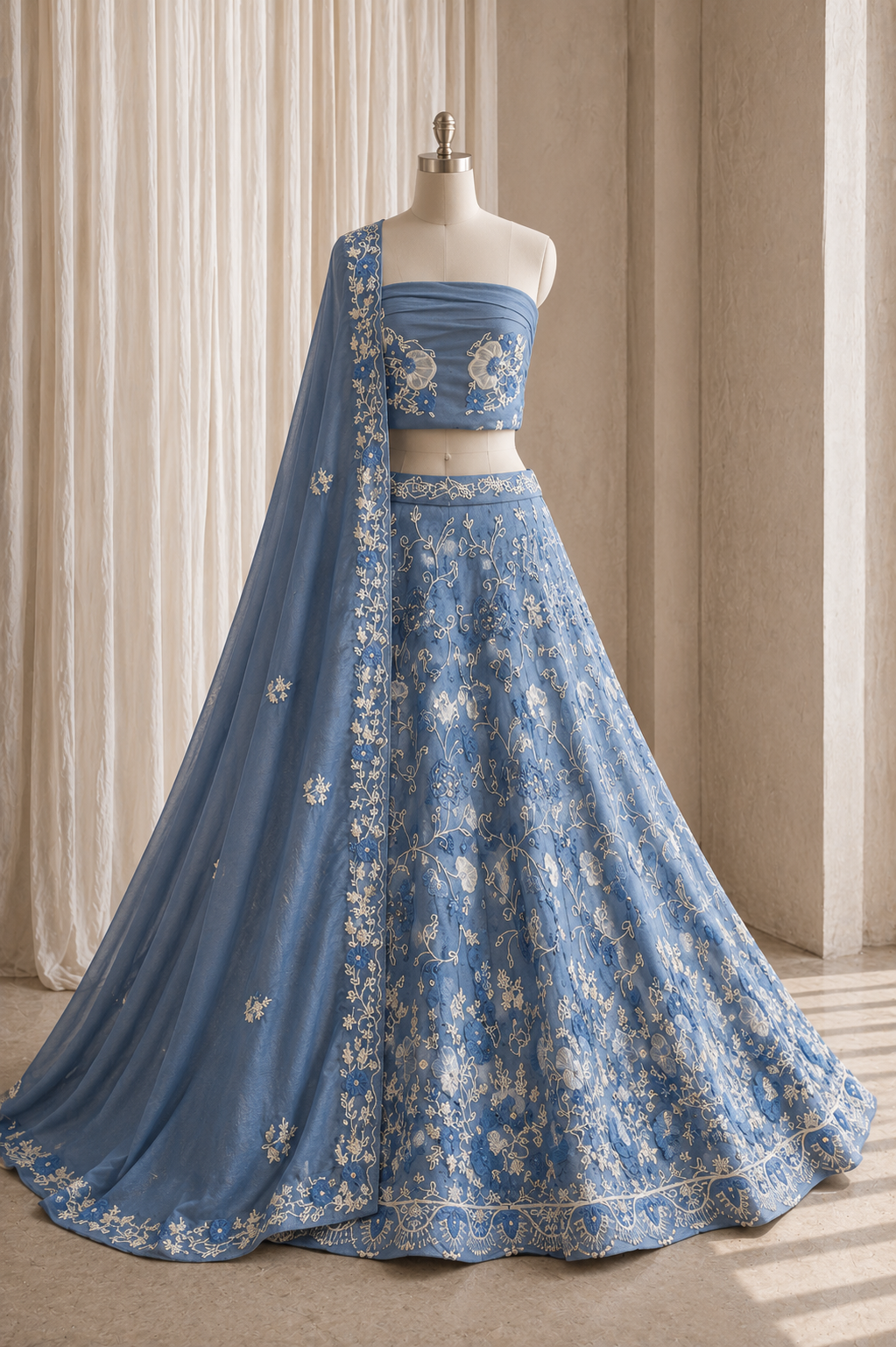 Sensational Tissue Silk Fabric and Grey Blue Color Moti Lehenga Choli
