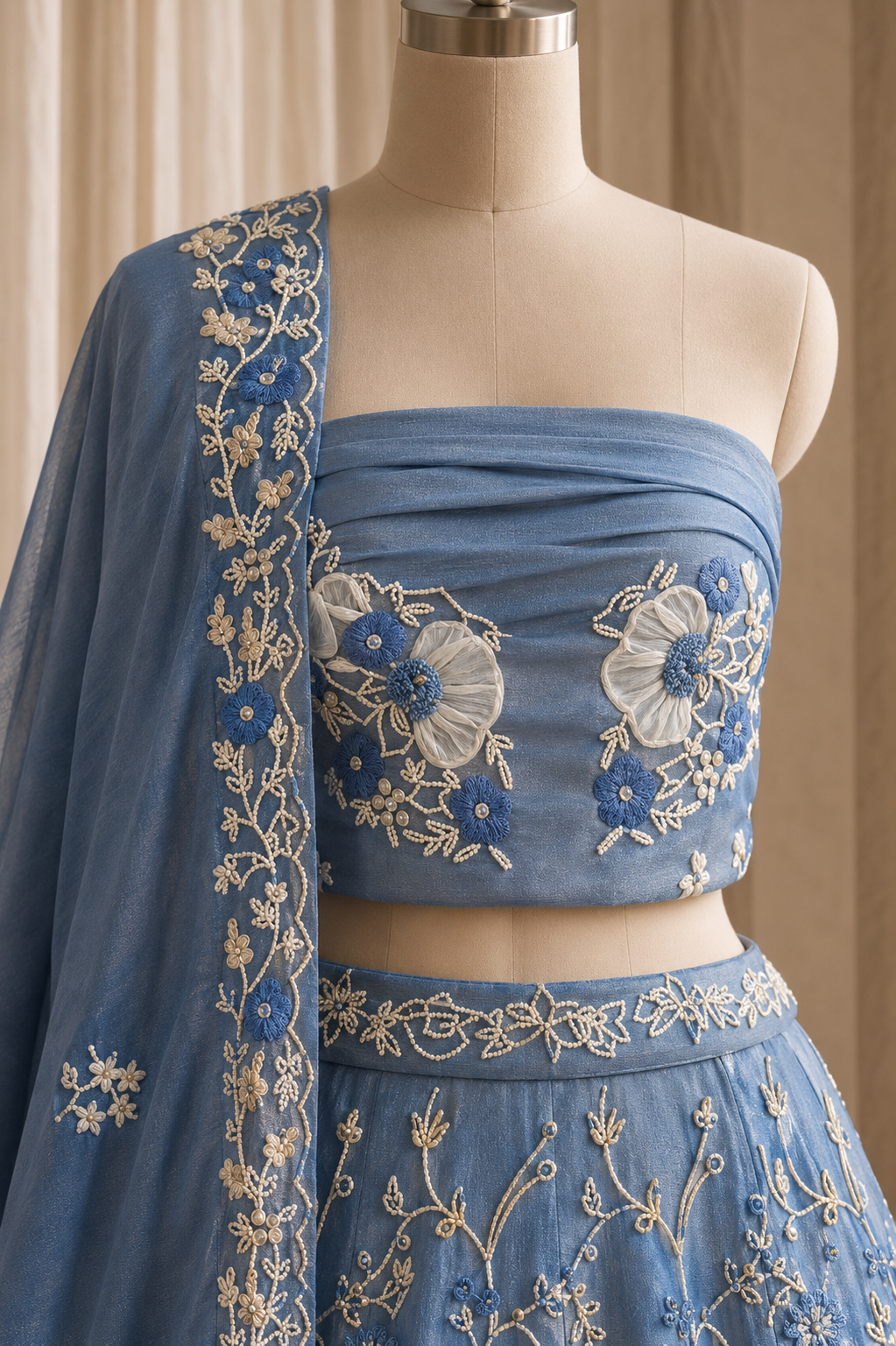 Sensational Tissue Silk Fabric and Grey Blue Color Moti Lehenga Choli