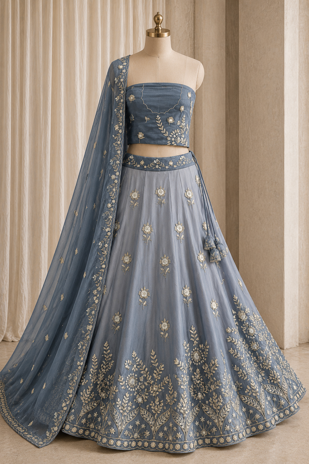 Famous Tissue Silk Fabric and Grey Color Zari Work Lehenga Choli