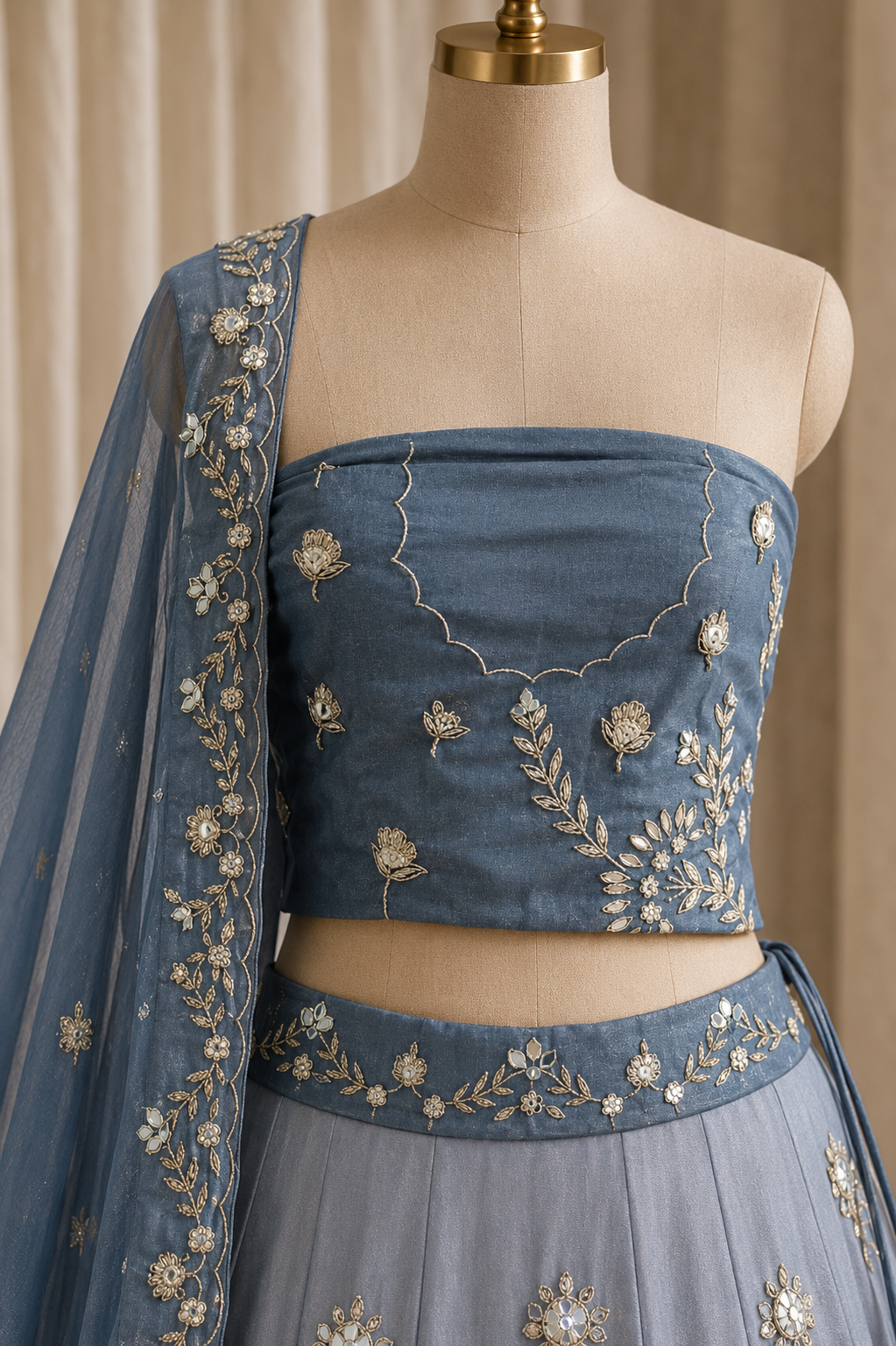 Famous Tissue Silk Fabric and Grey Color Zari Work Lehenga Choli