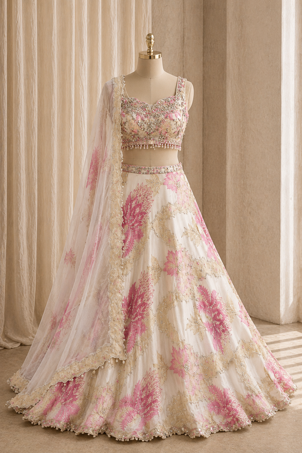 Glossy Crepe Fabric and Off White Color Digital Print Work Lehenga Choli